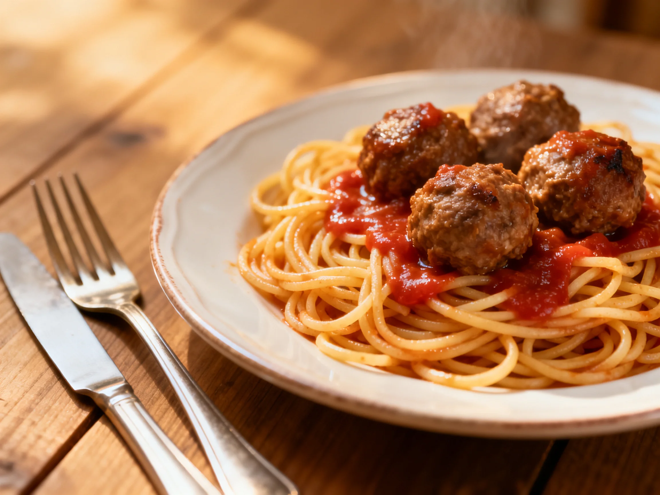 Spaghetti with four meatballs and red sauce on a white plate