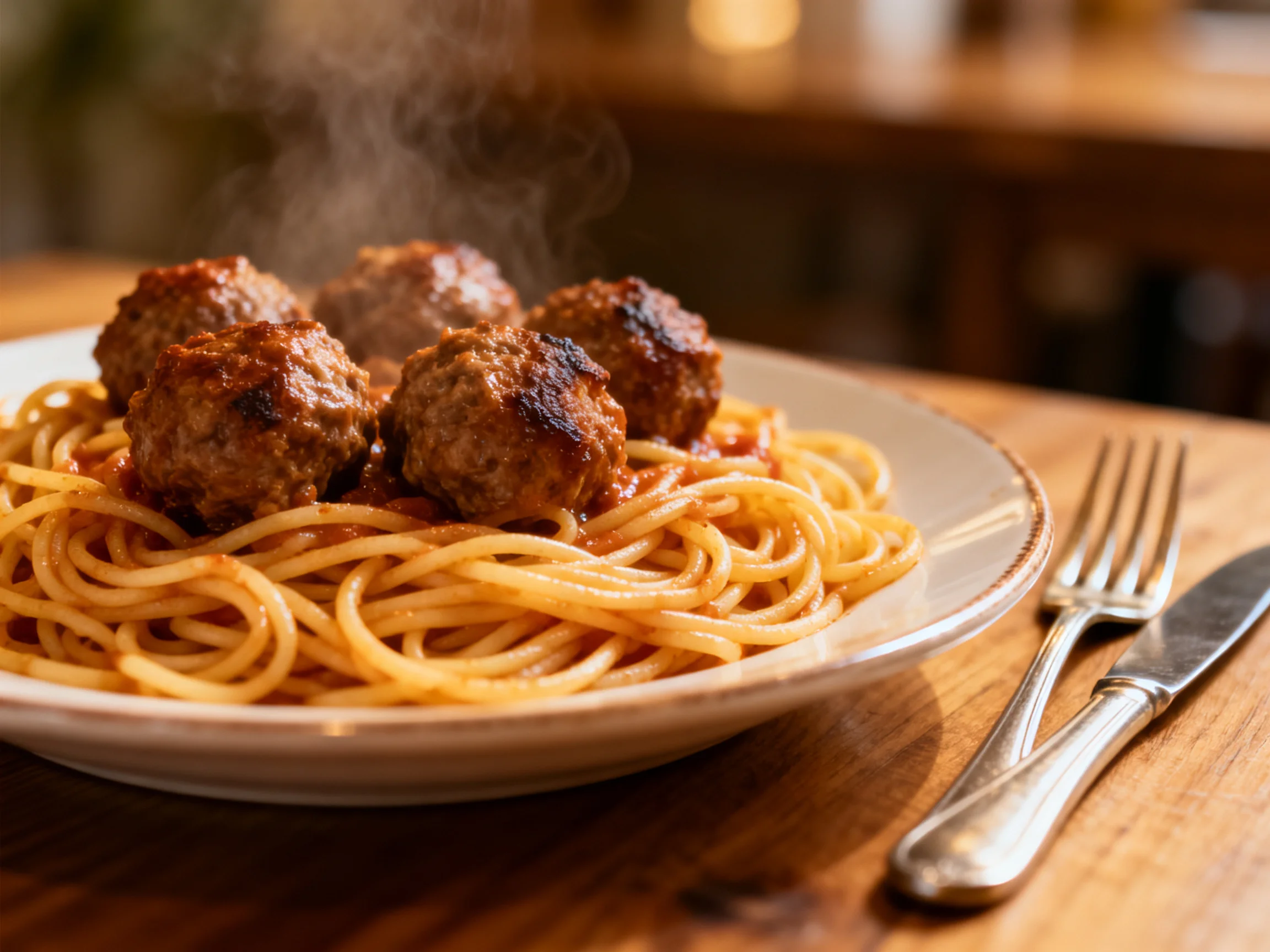 Spaghetti with four meatballs steaming on a white plate