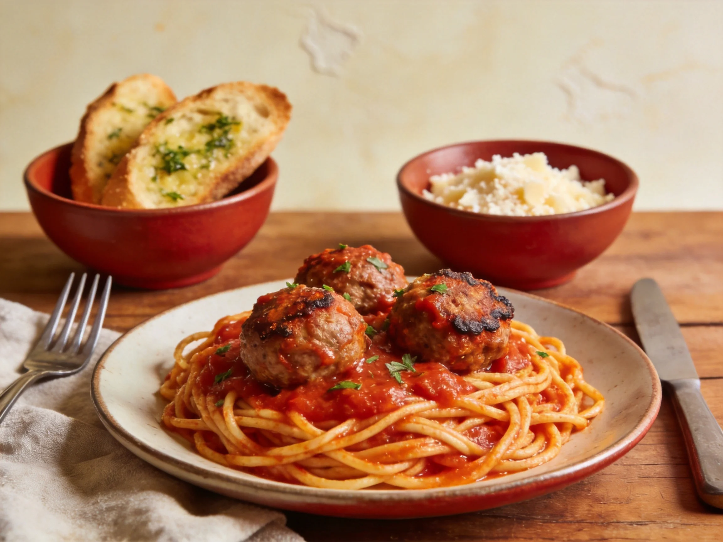 Spaghetti with meatballs, garlic bread, and grated cheese on wooden table