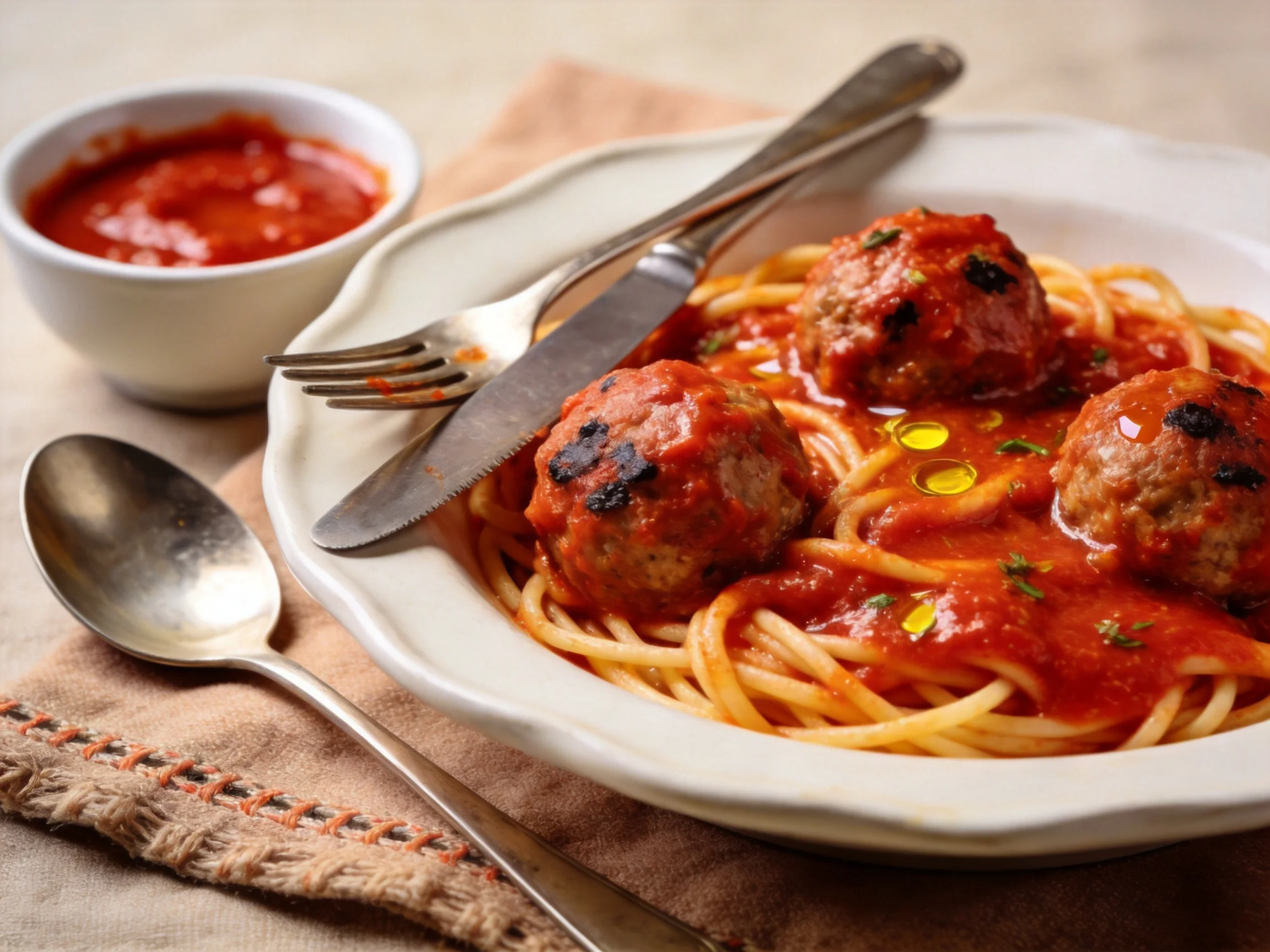 Spaghetti with three meatballs in red sauce, white bowl