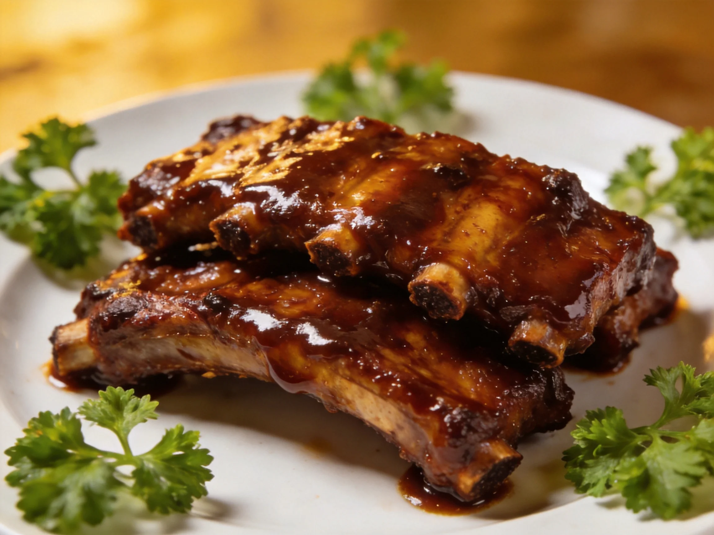 Stacked BBQ Ribs with Rich Brown Glaze and Fresh Herbs