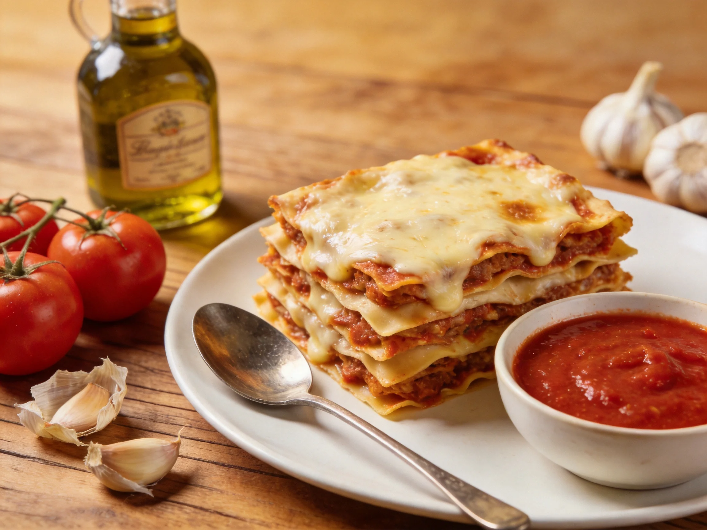 Stacked lasagna with marinara sauce, fresh tomatoes, and garlic