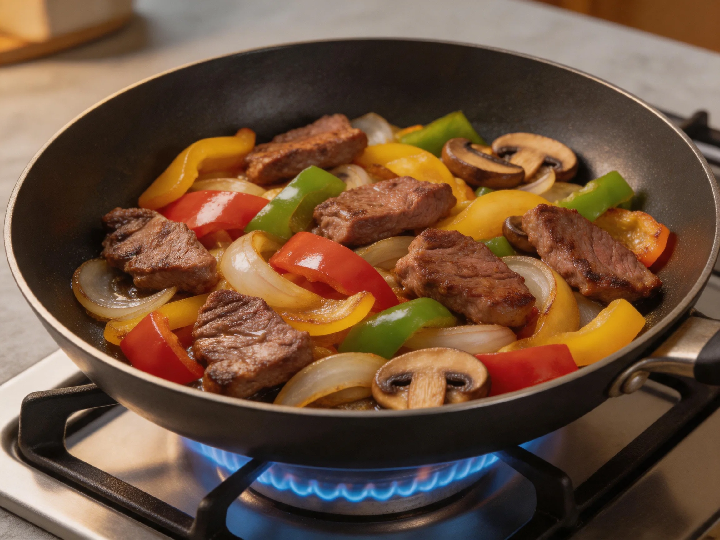 Steak and assorted colorful vegetables cooking in a frying pan on a gas stove