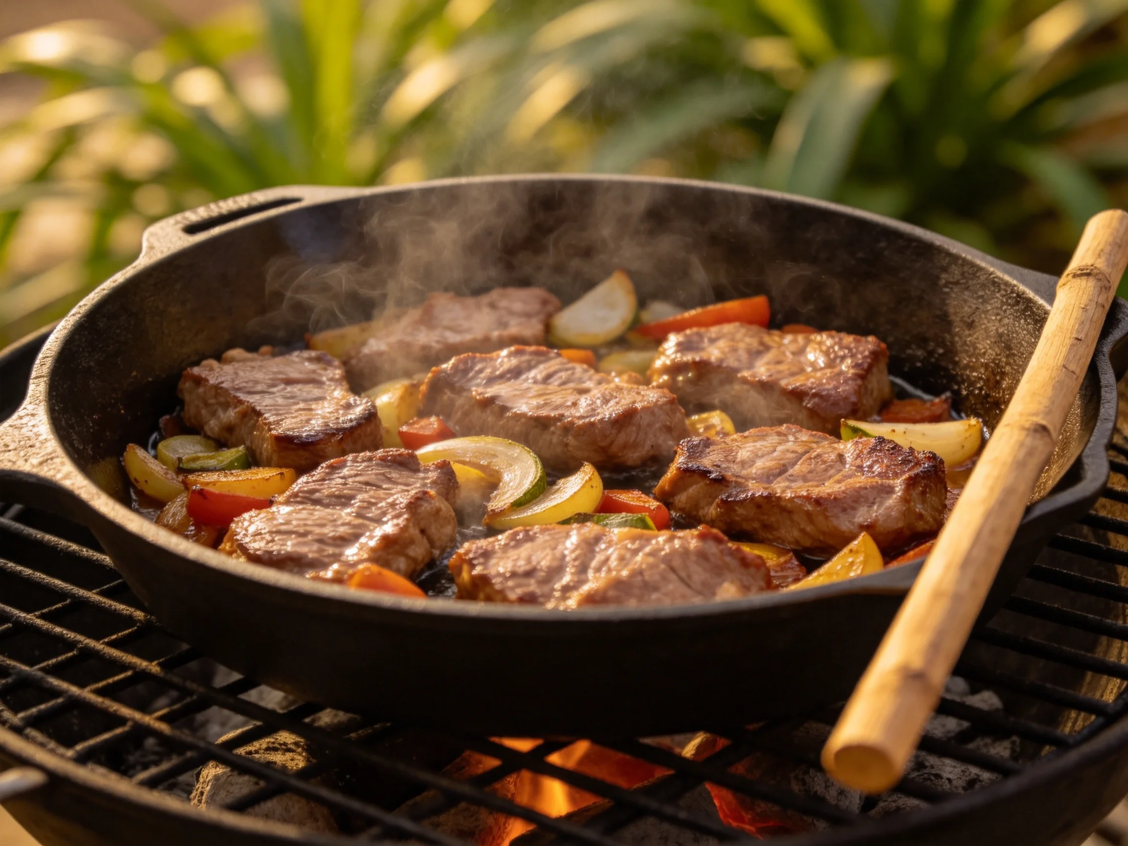 Steak and vegetable medley sizzles in cast iron skillet on outdoor grill