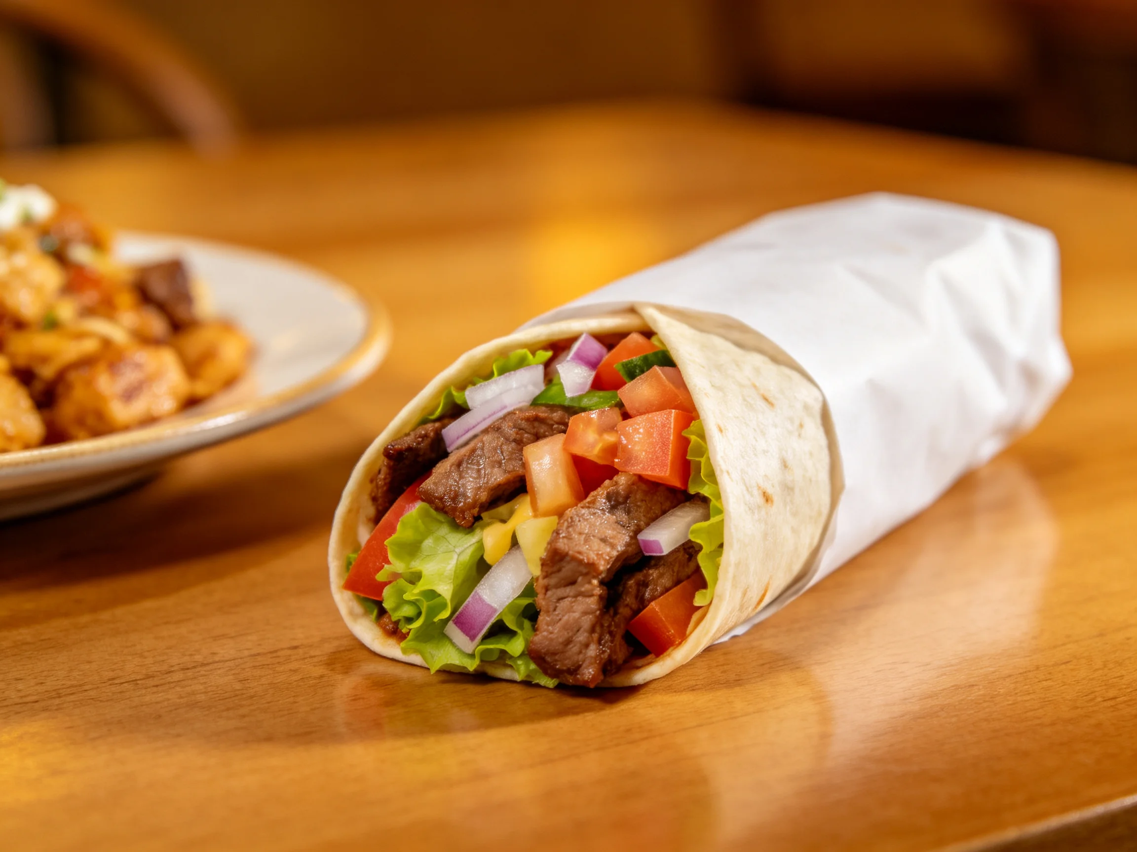 Steak and veggie wrap with seasoned potato side on wooden table