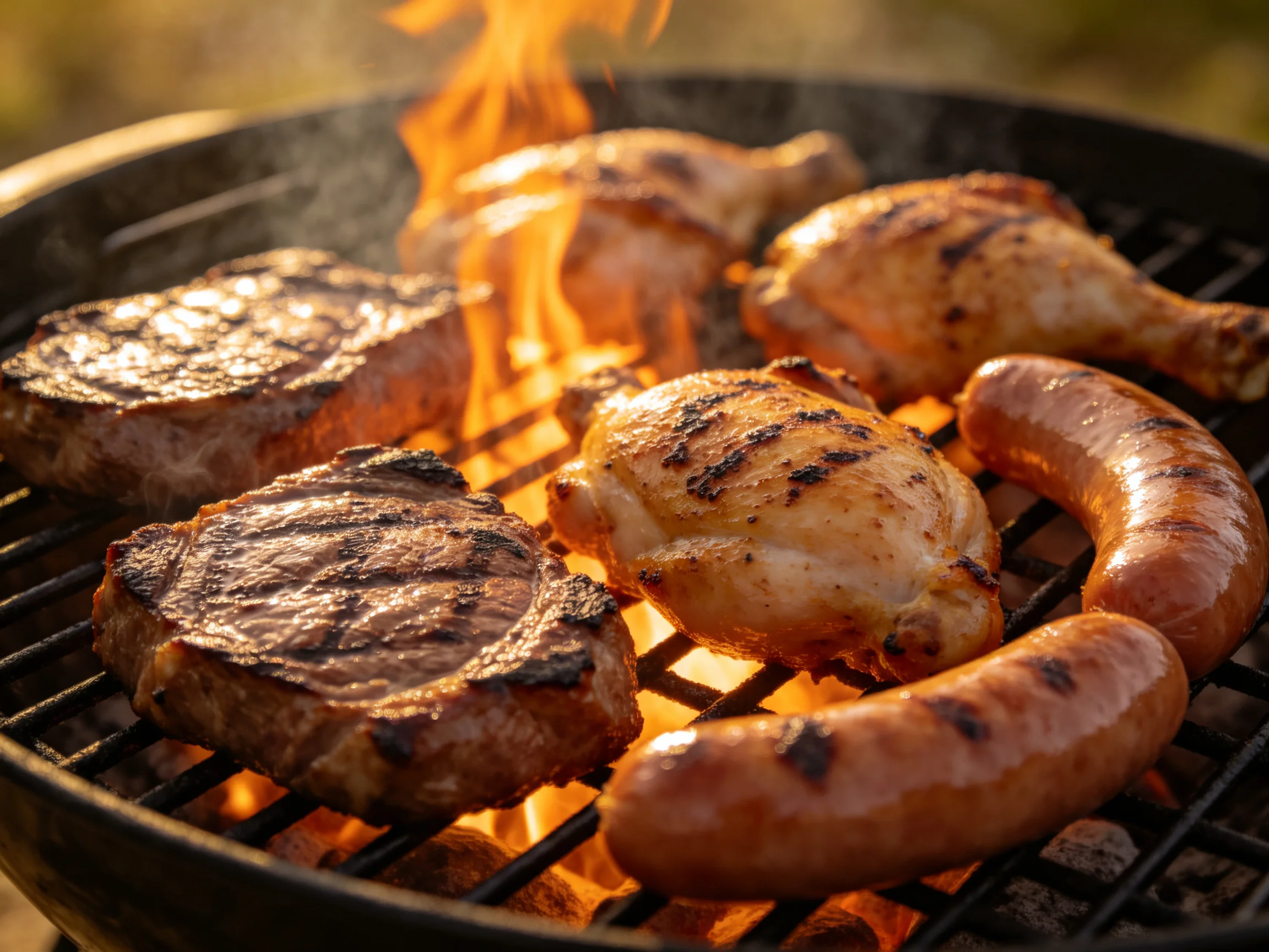 Steak, chicken, and sausage grill over bright orange flames