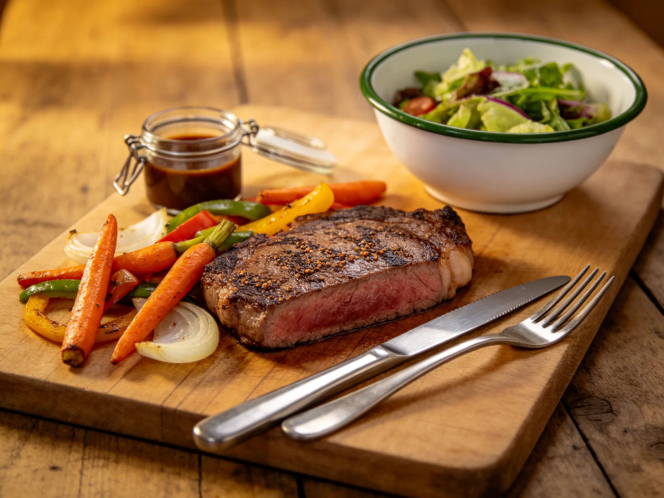 Steak, roasted veggies, salad, and sauce on a wooden board