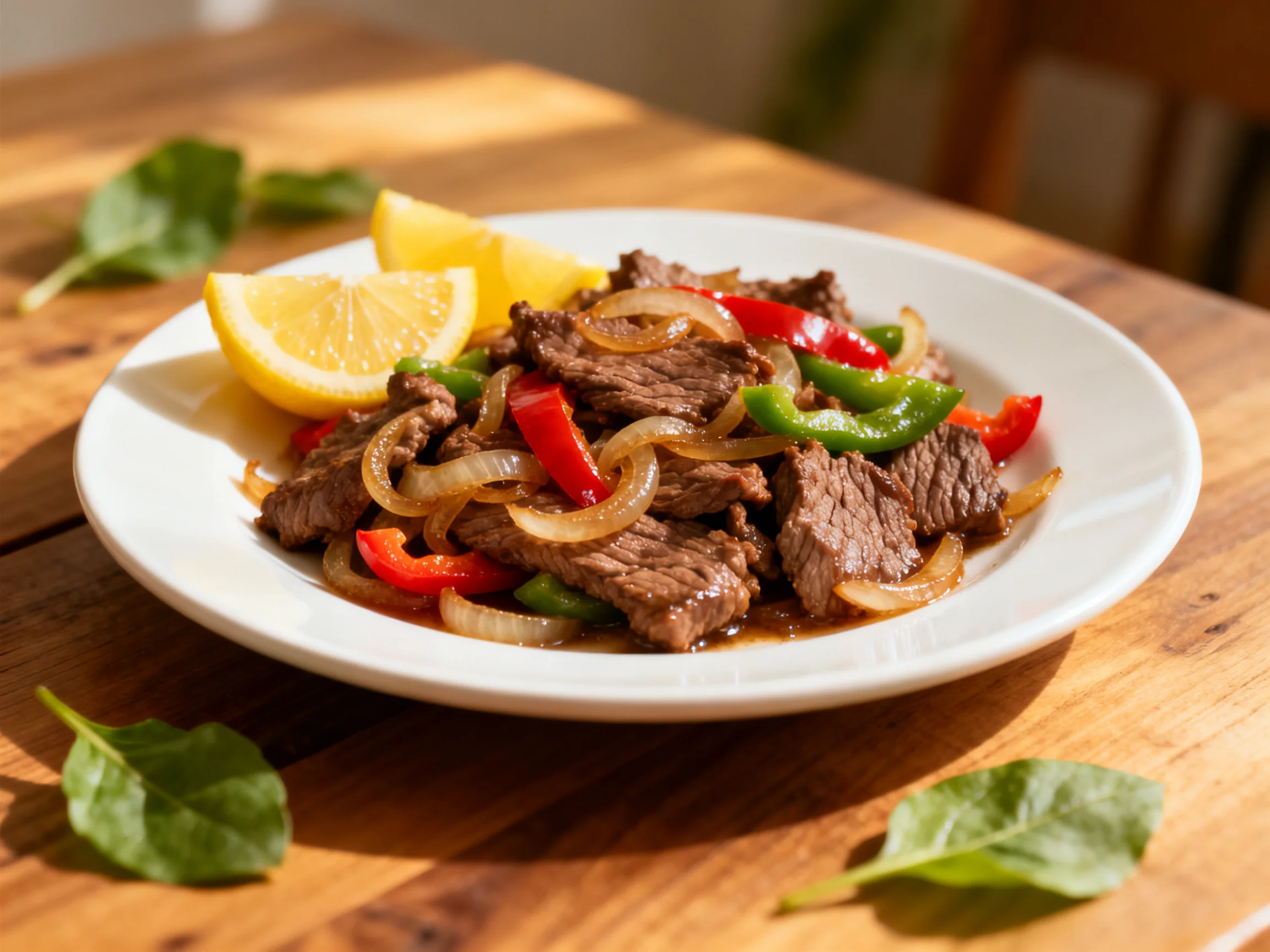 Steak stir - fry with bell peppers, onions, and lemon wedges on a white plate