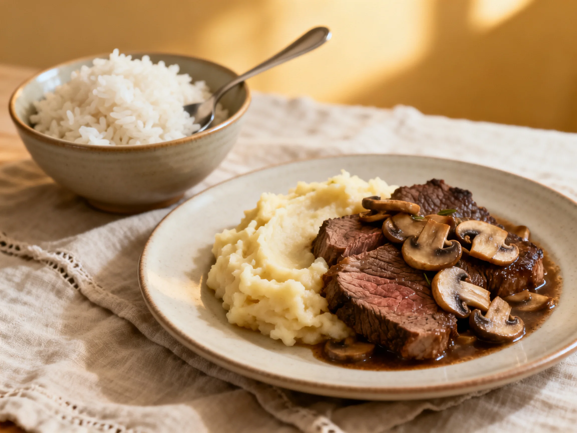 Steak with mushroom sauce, mashed potatoes, and white rice on ceramic dishes