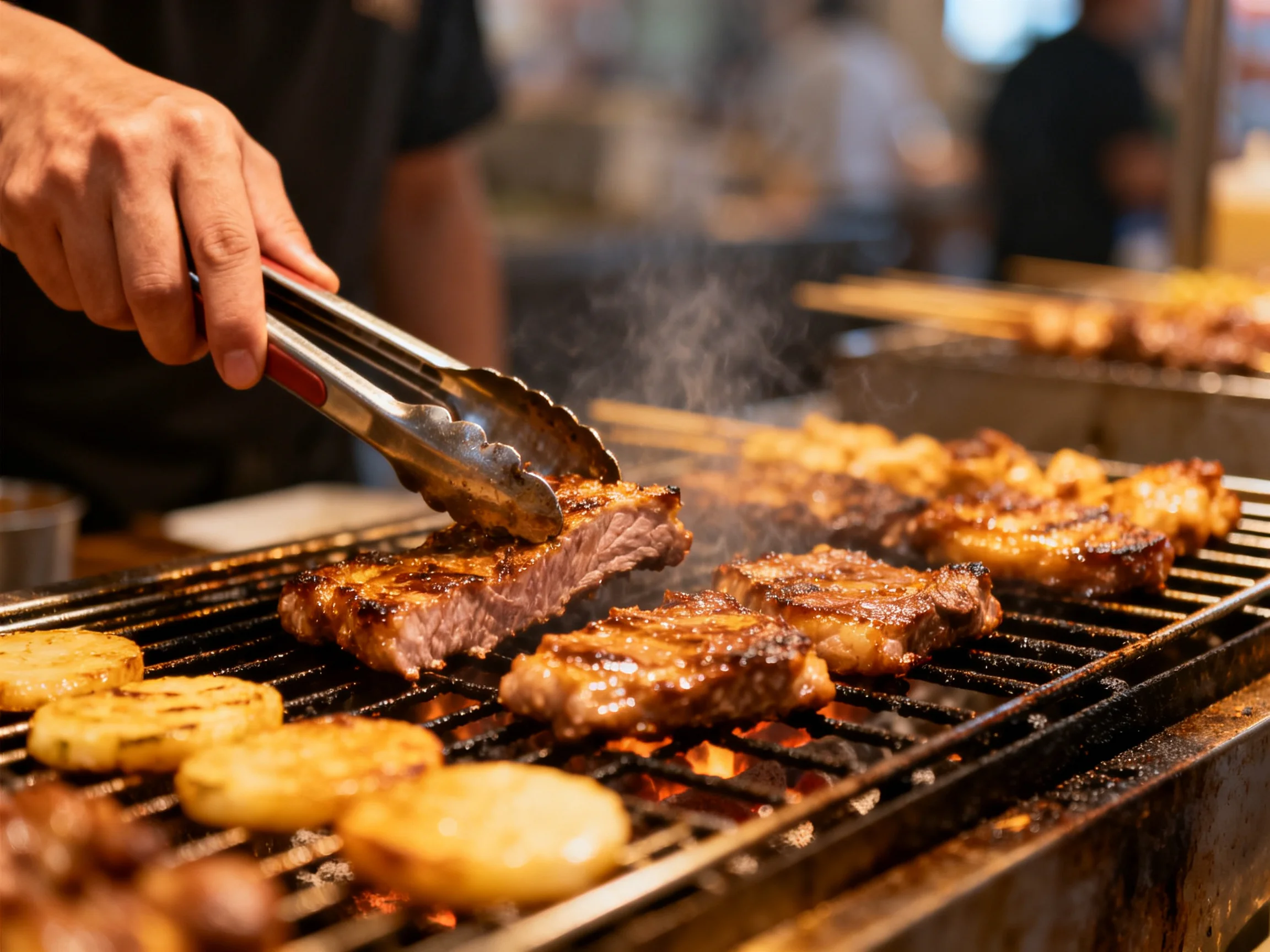 Steaks and grilled vegetables sizzling over an open flame