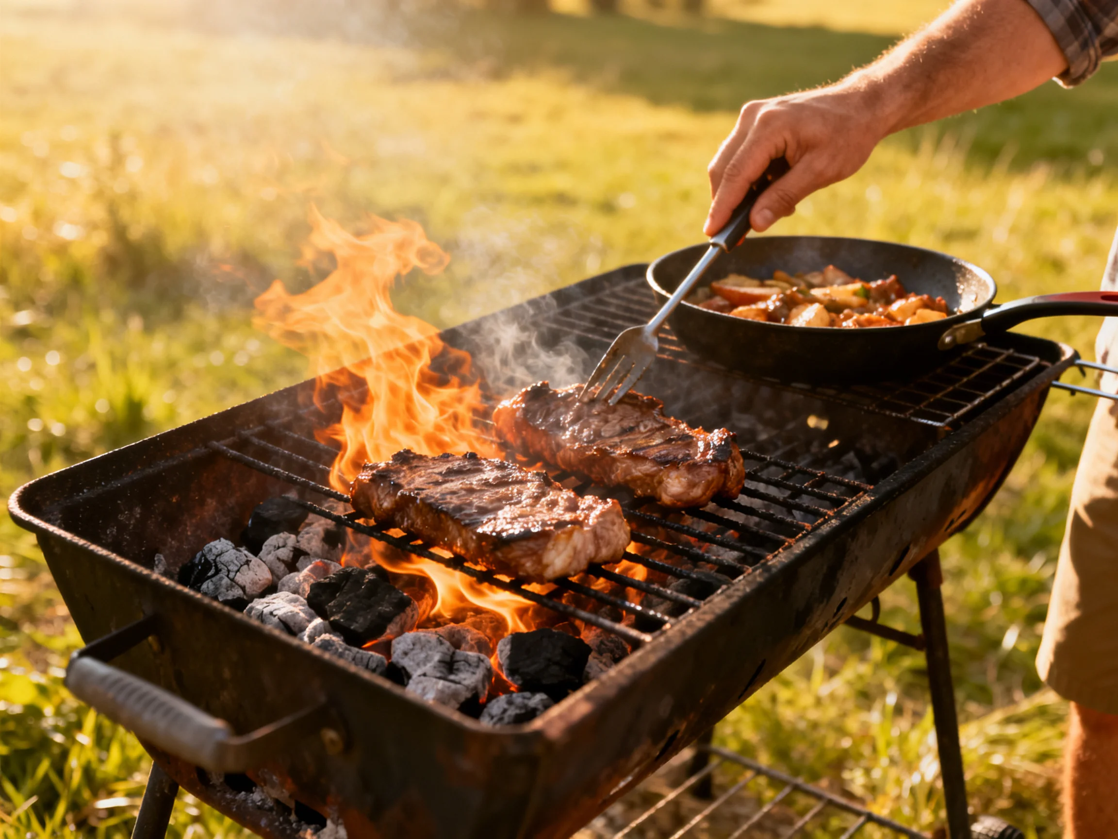 Steaks grill over flaming charcoal in a sunny outdoor area