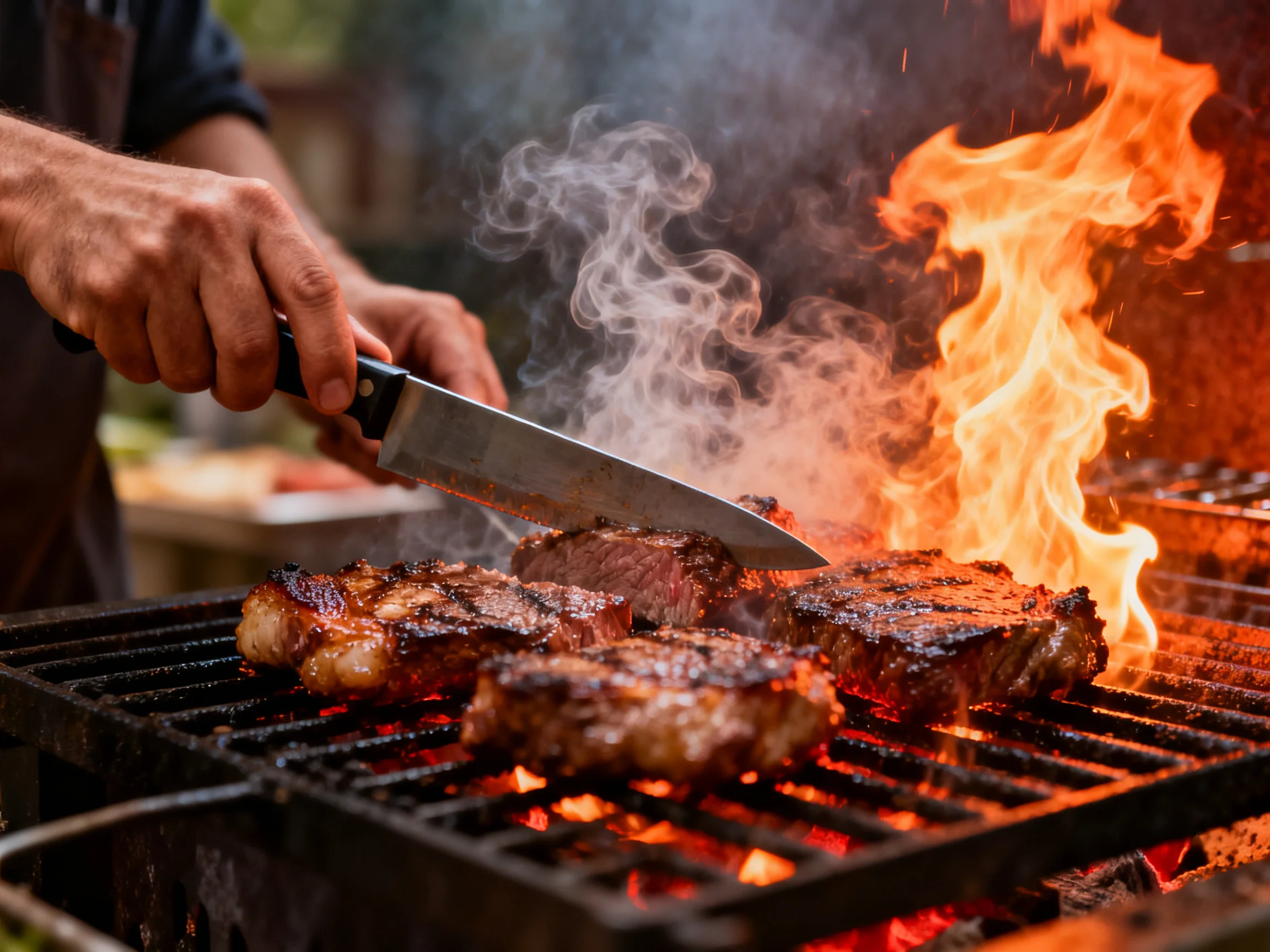 A person slicing grilled steaks on a flaming charcoal grill.