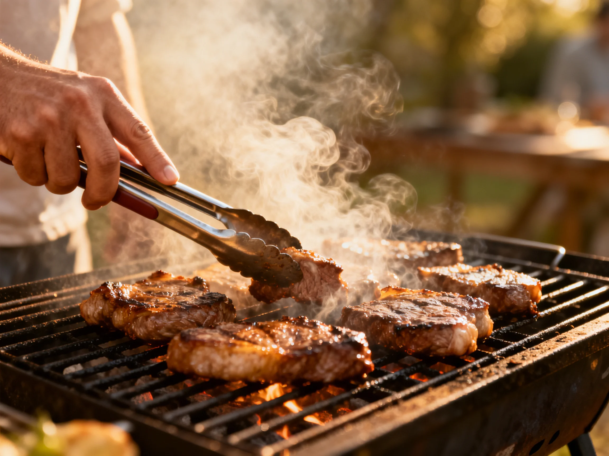 Steaks sizzling on an outdoor charcoal grill with metal tongs
