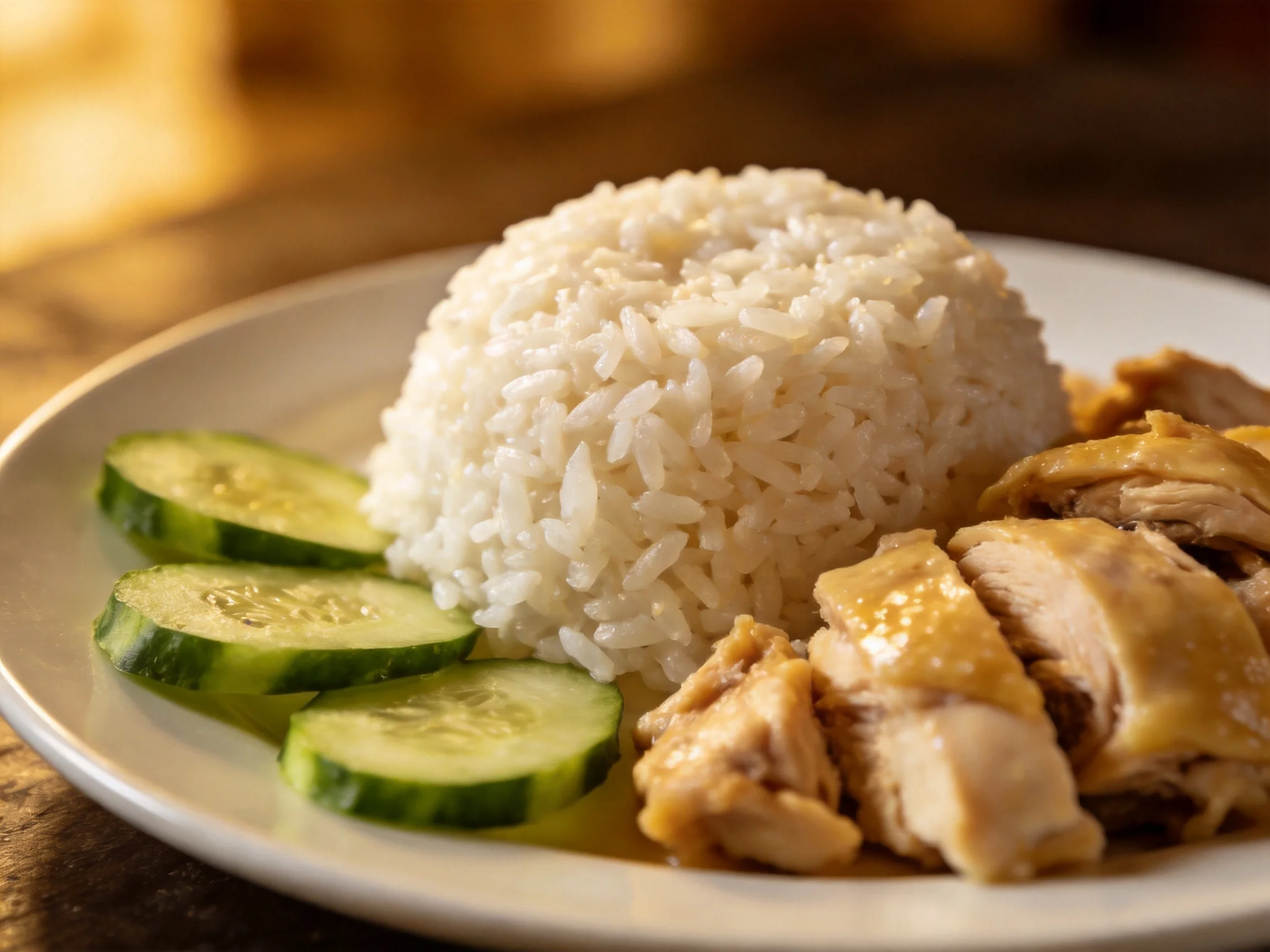 Steamed white rice, golden chicken, and fresh cucumber slices served on a plate