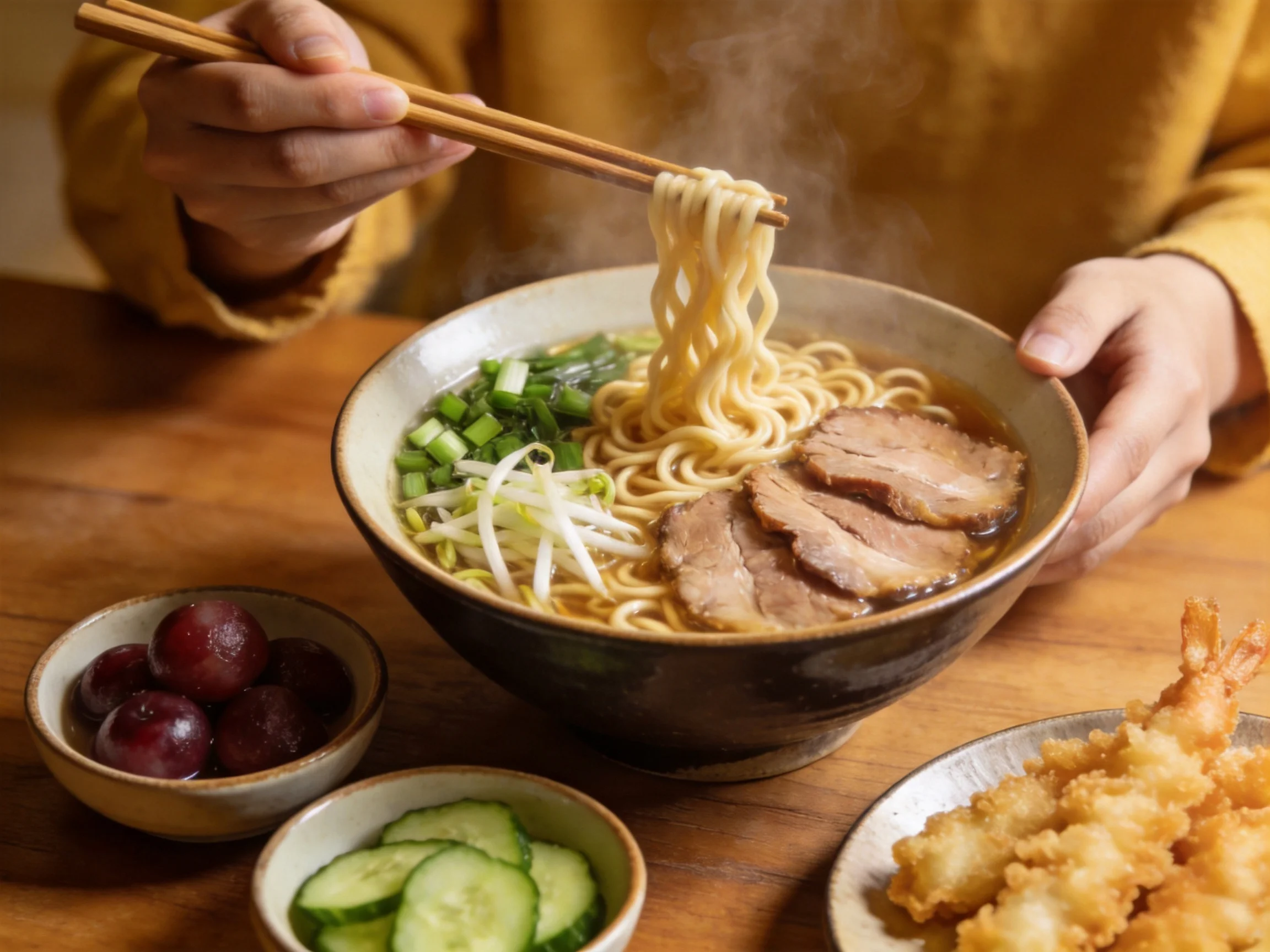 Steaming Ramen Bowl with Sliced Pork and Side Dishes
