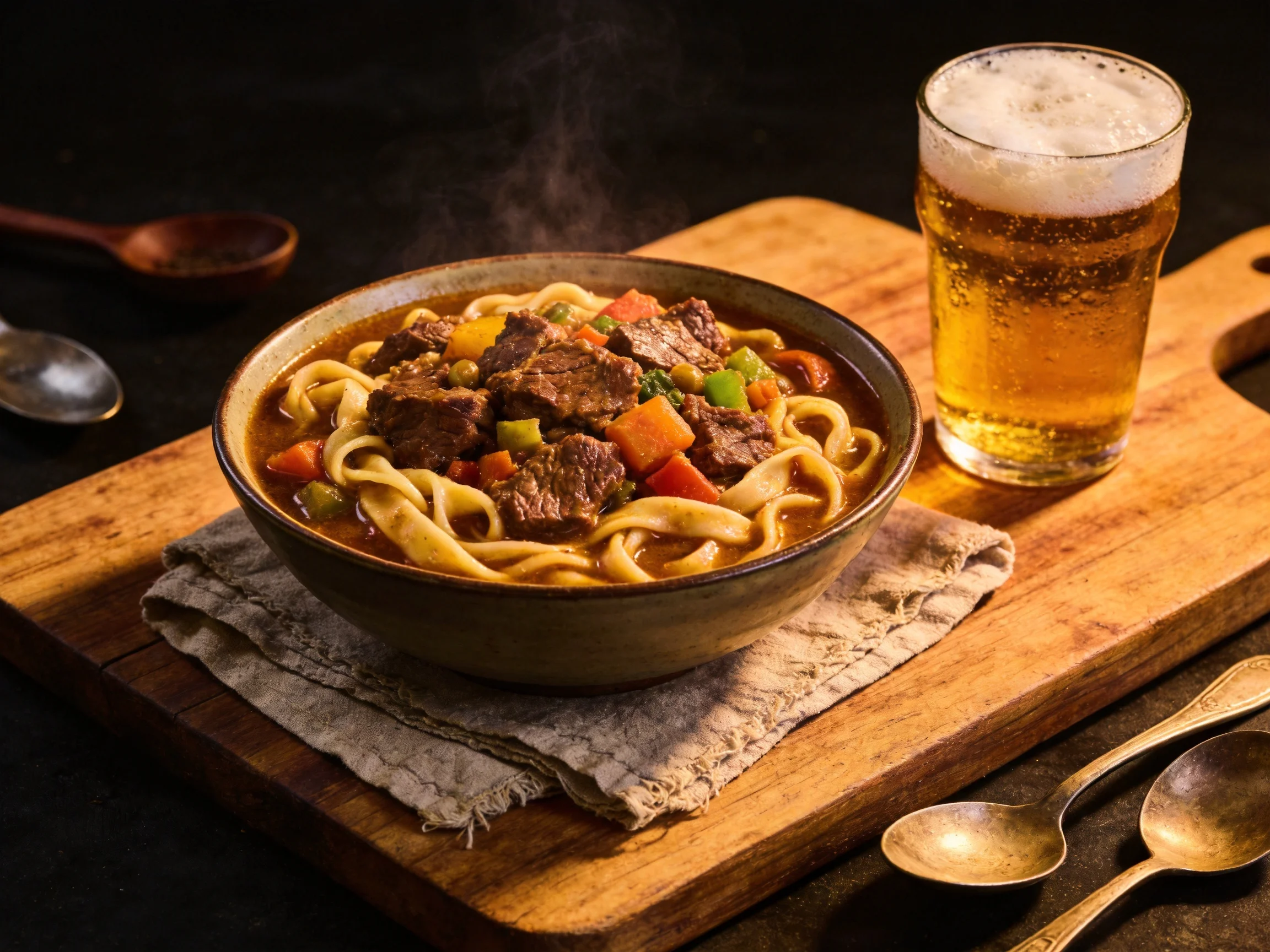 Steaming beef noodle soup with vegetables beside a frothy beer