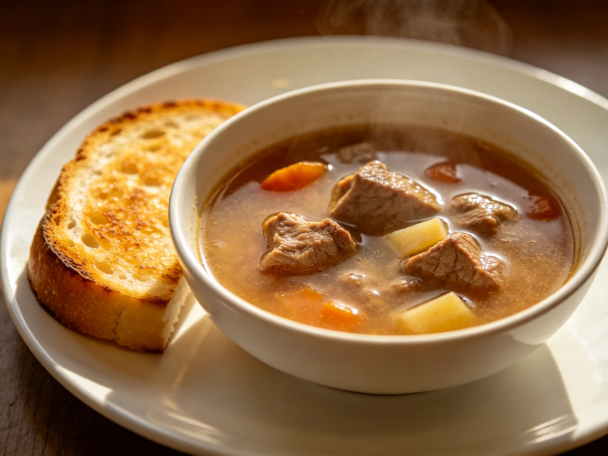 Steaming beef stew bowl with toasted bread on a white plate