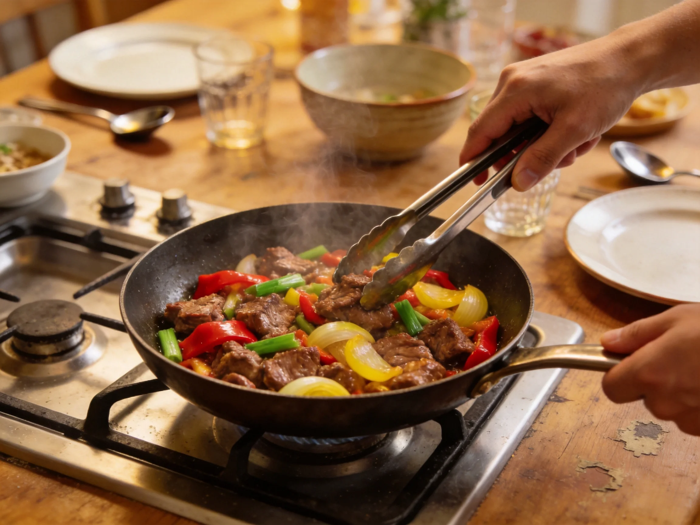 Steaming beef stir - fry with red peppers and onions in a black skillet