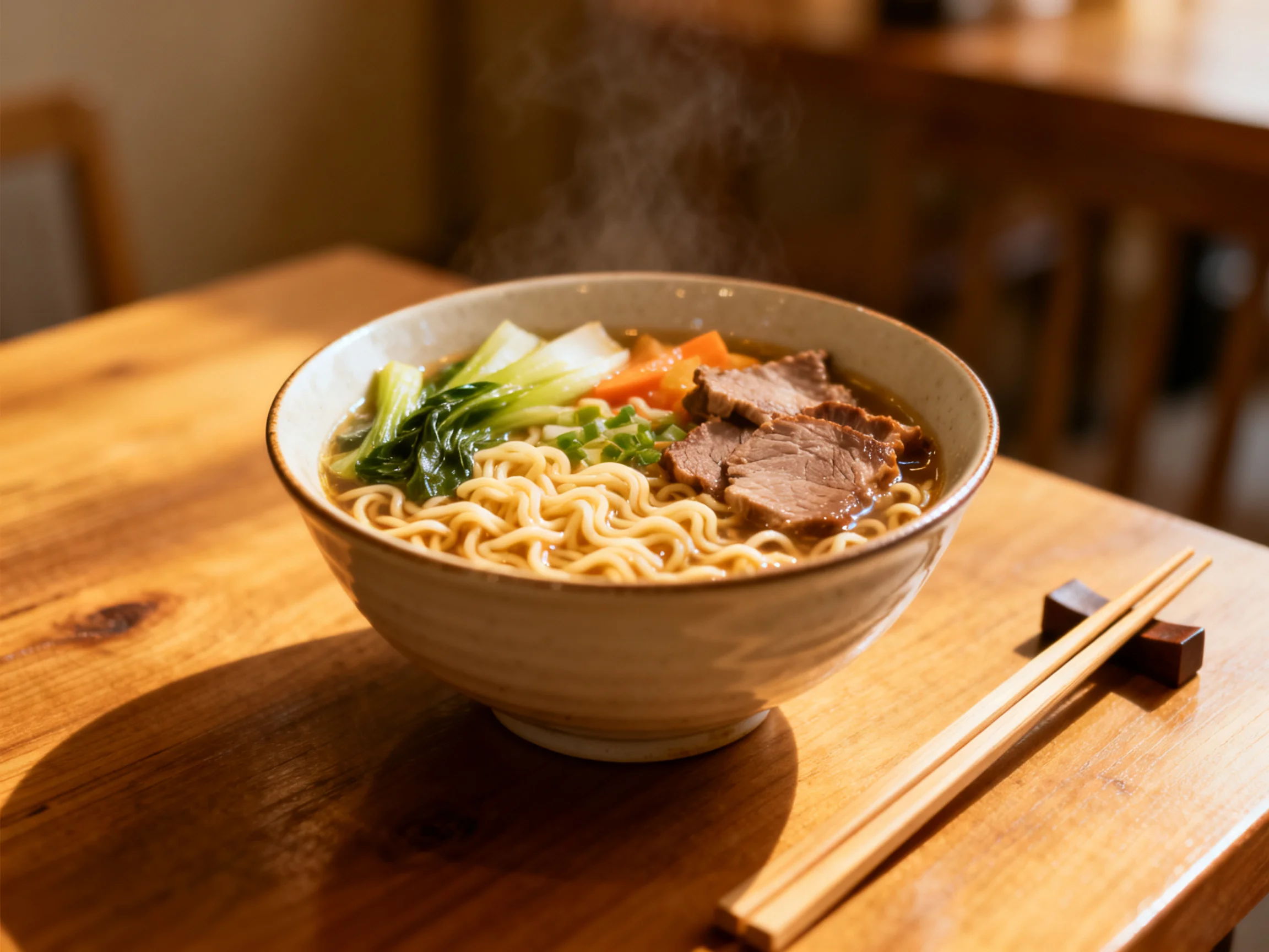Steaming bowl of noodle soup with beef, greens, and chopsticks