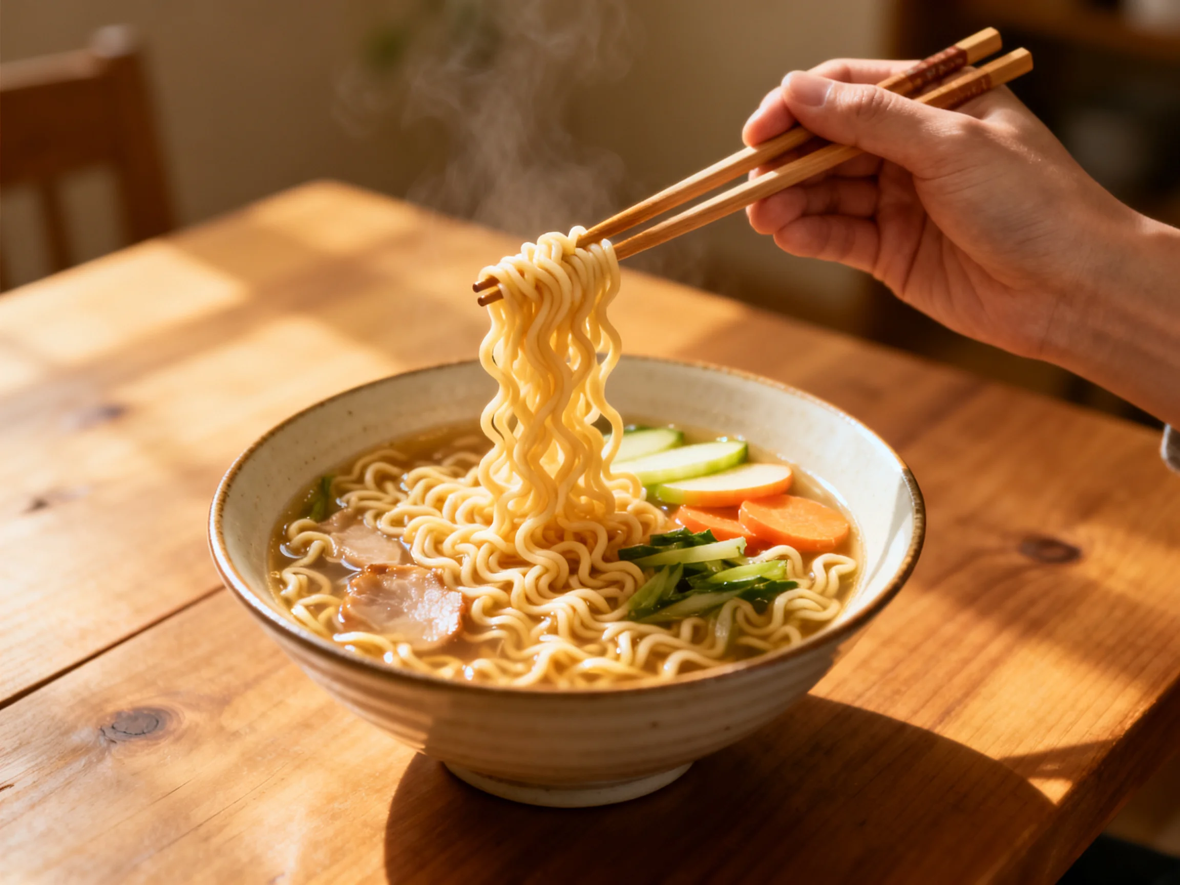 Steaming bowl of noodles with vegetables and chopsticks