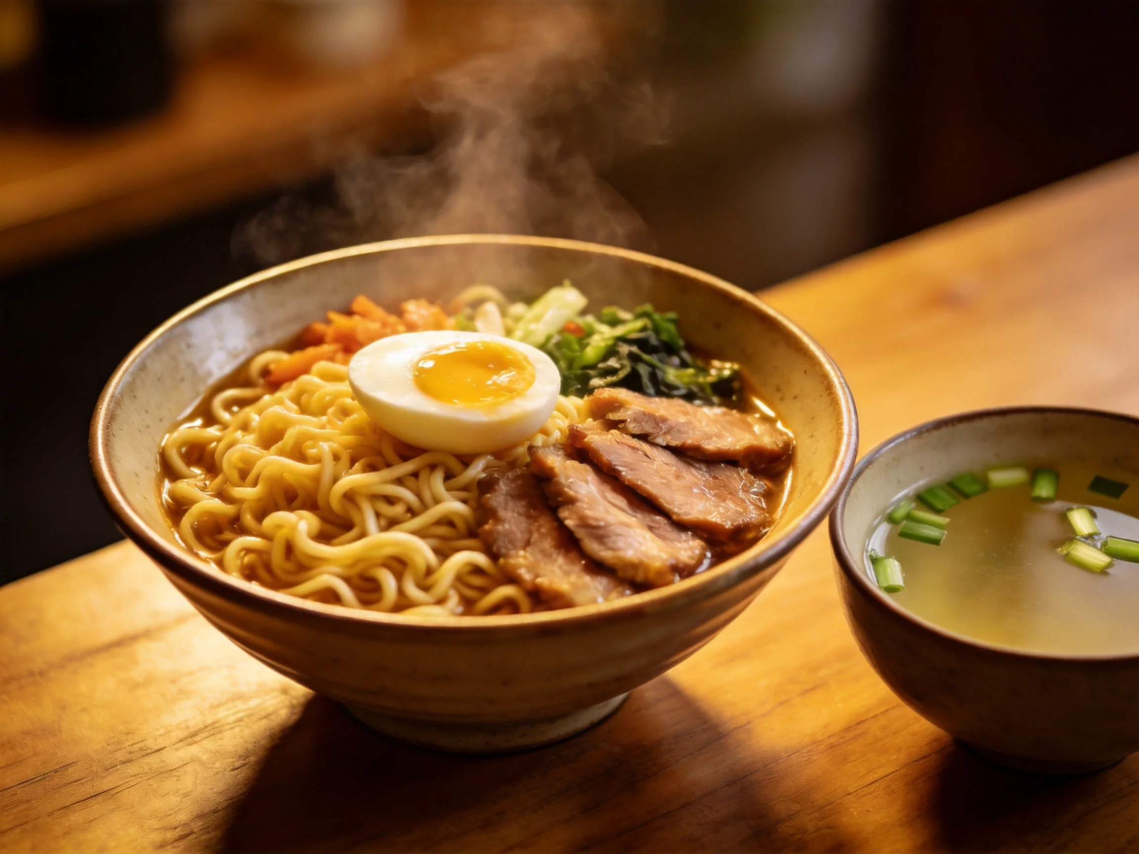 Steaming bowl of ramen with egg, meat, and vegetable sides