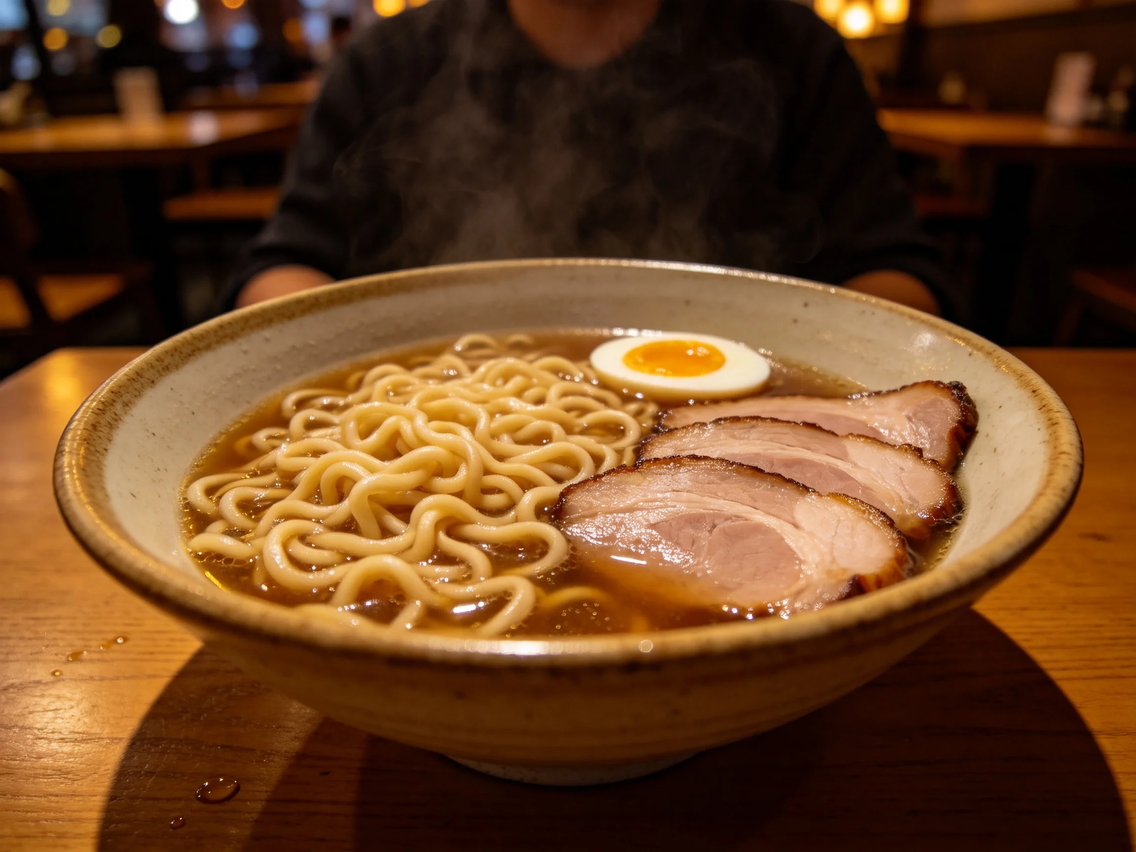 Steaming bowl of ramen with noodles, pork slices, and half - boiled egg