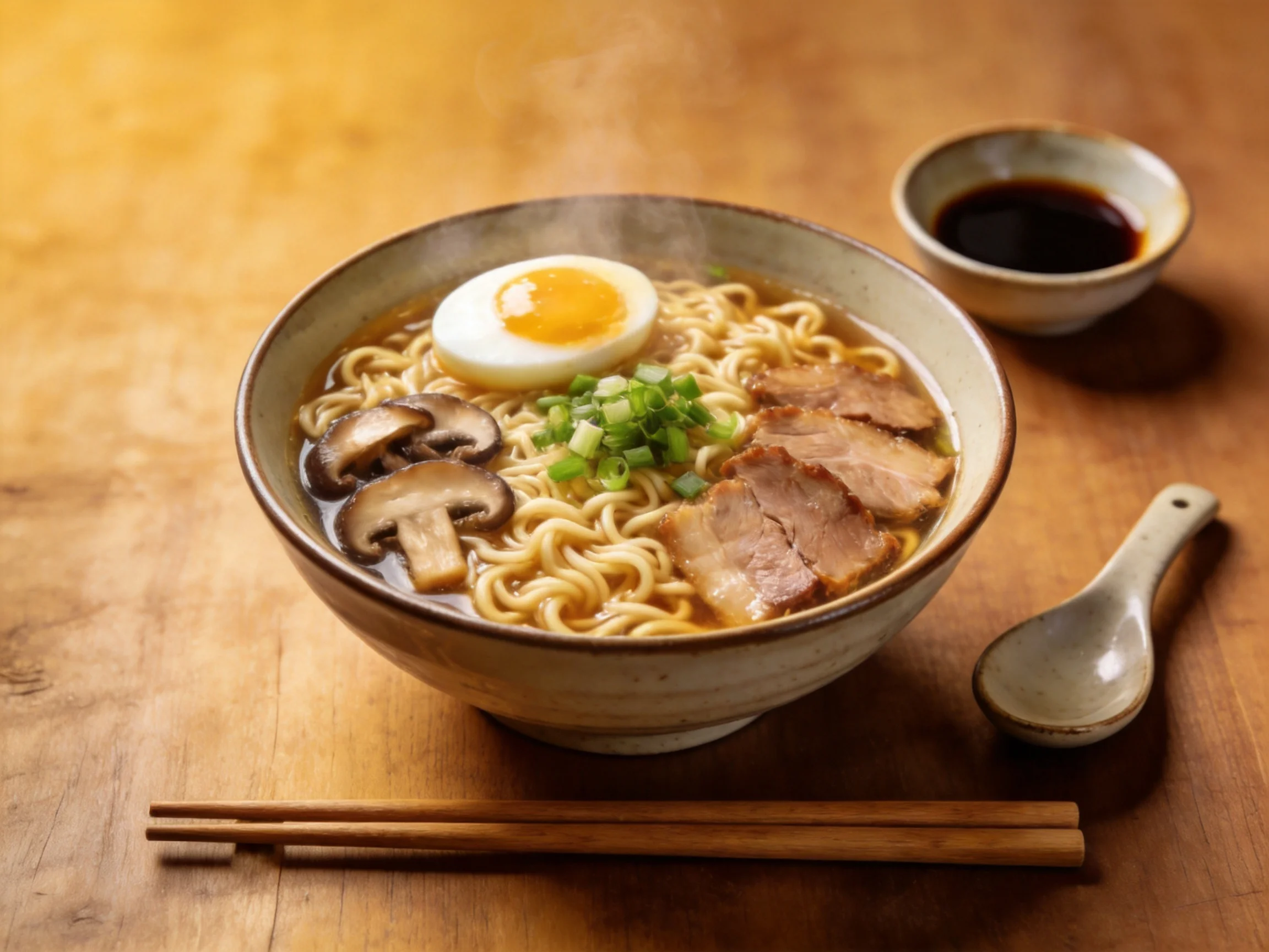 Steaming bowl of ramen with pork, egg, and mushrooms