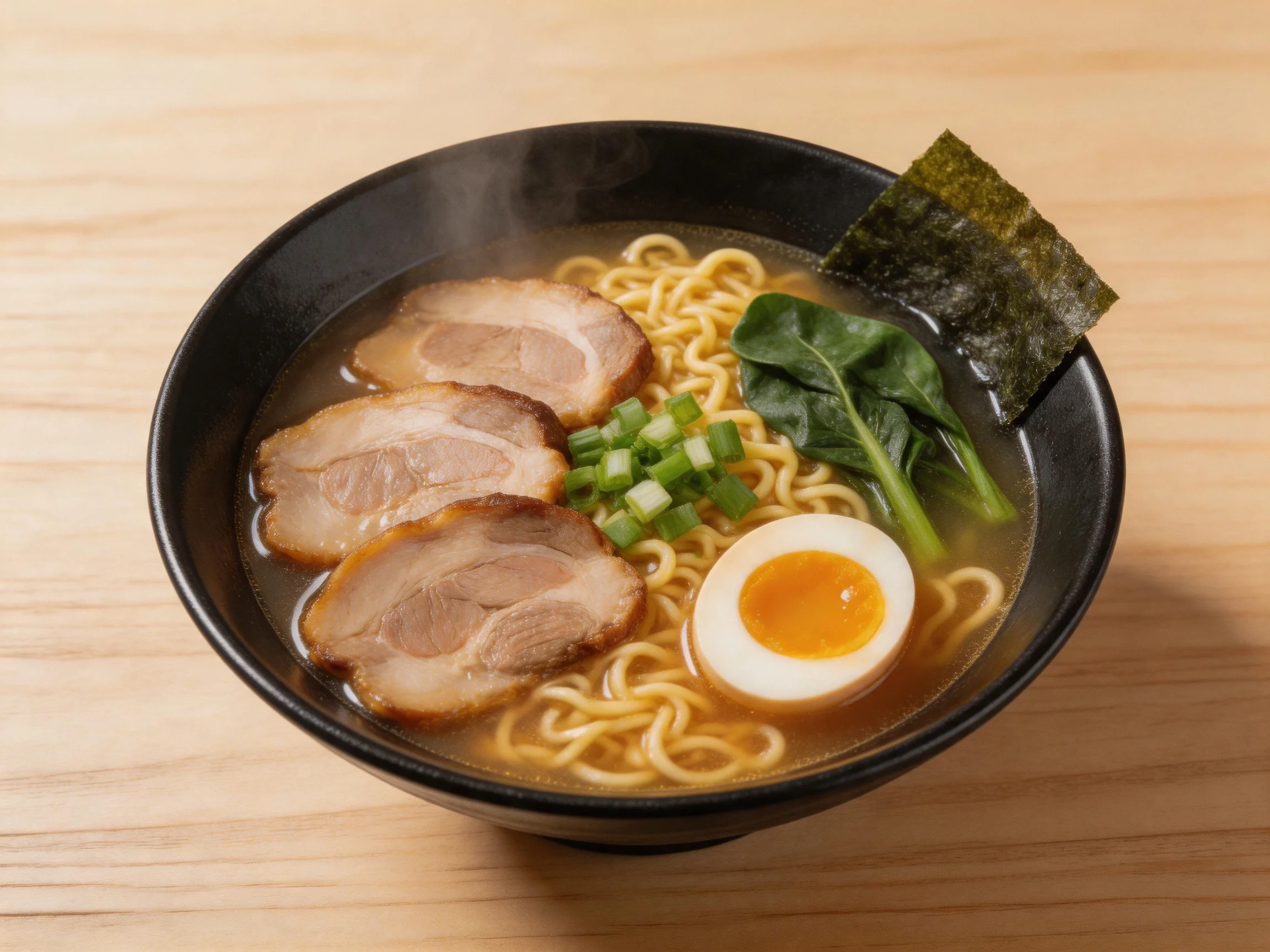 Steaming bowl of ramen with pork, egg, and seaweed