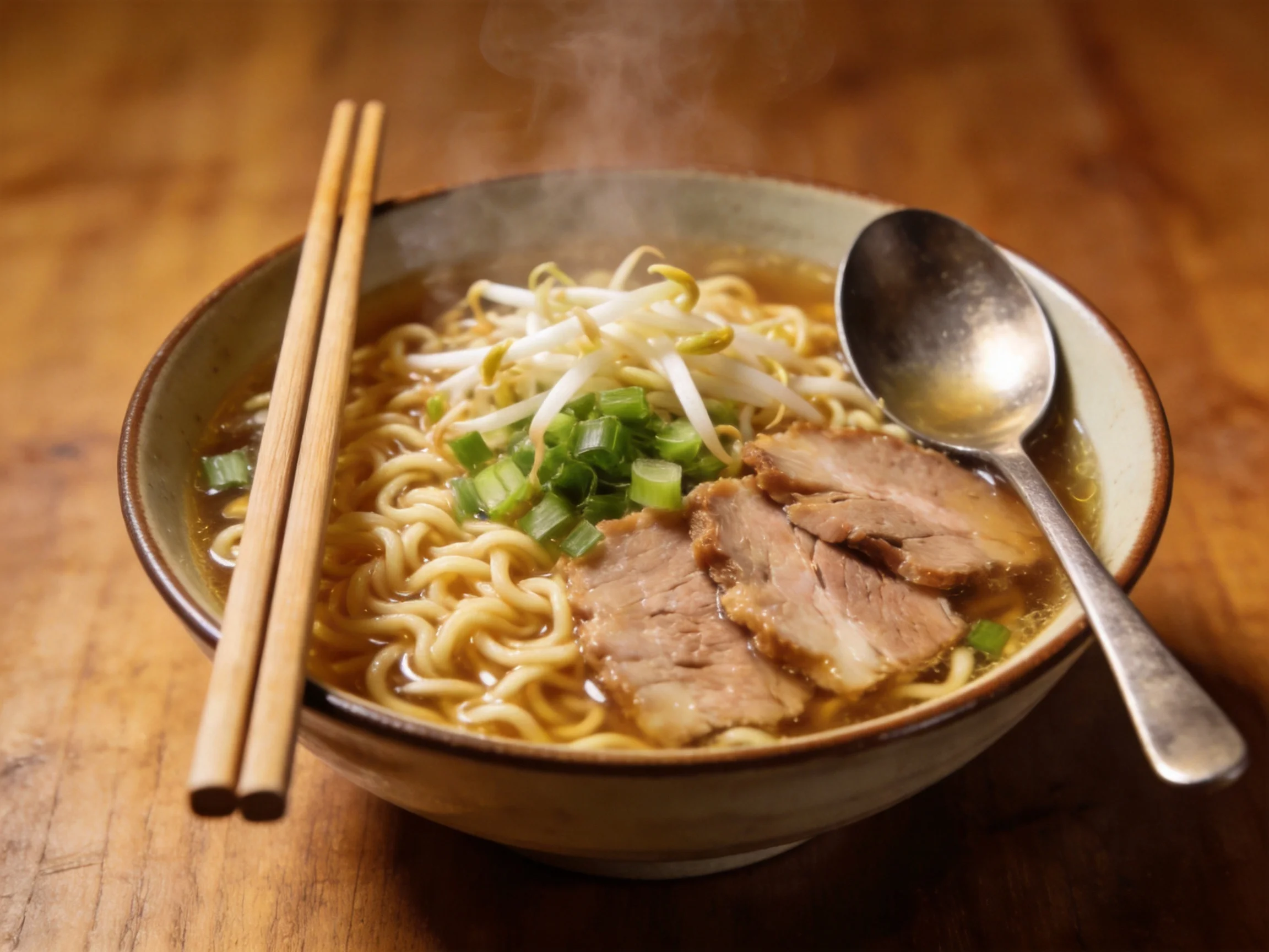 Steaming bowl of ramen with pork, scallions, and bean sprouts