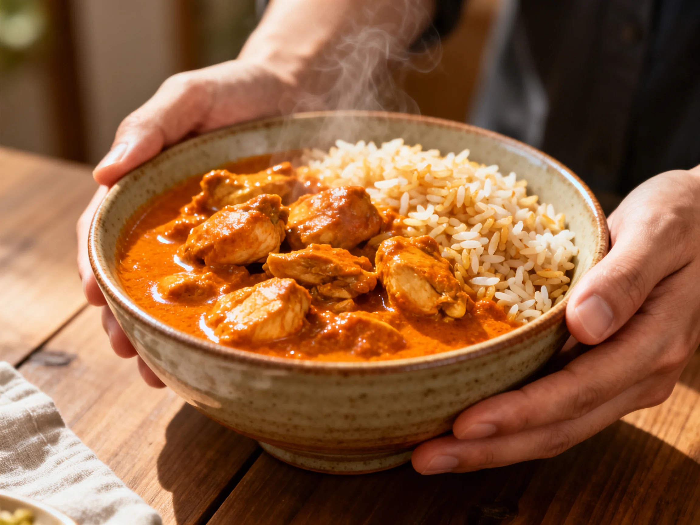 Steaming chicken curry and rice in a ceramic bowl