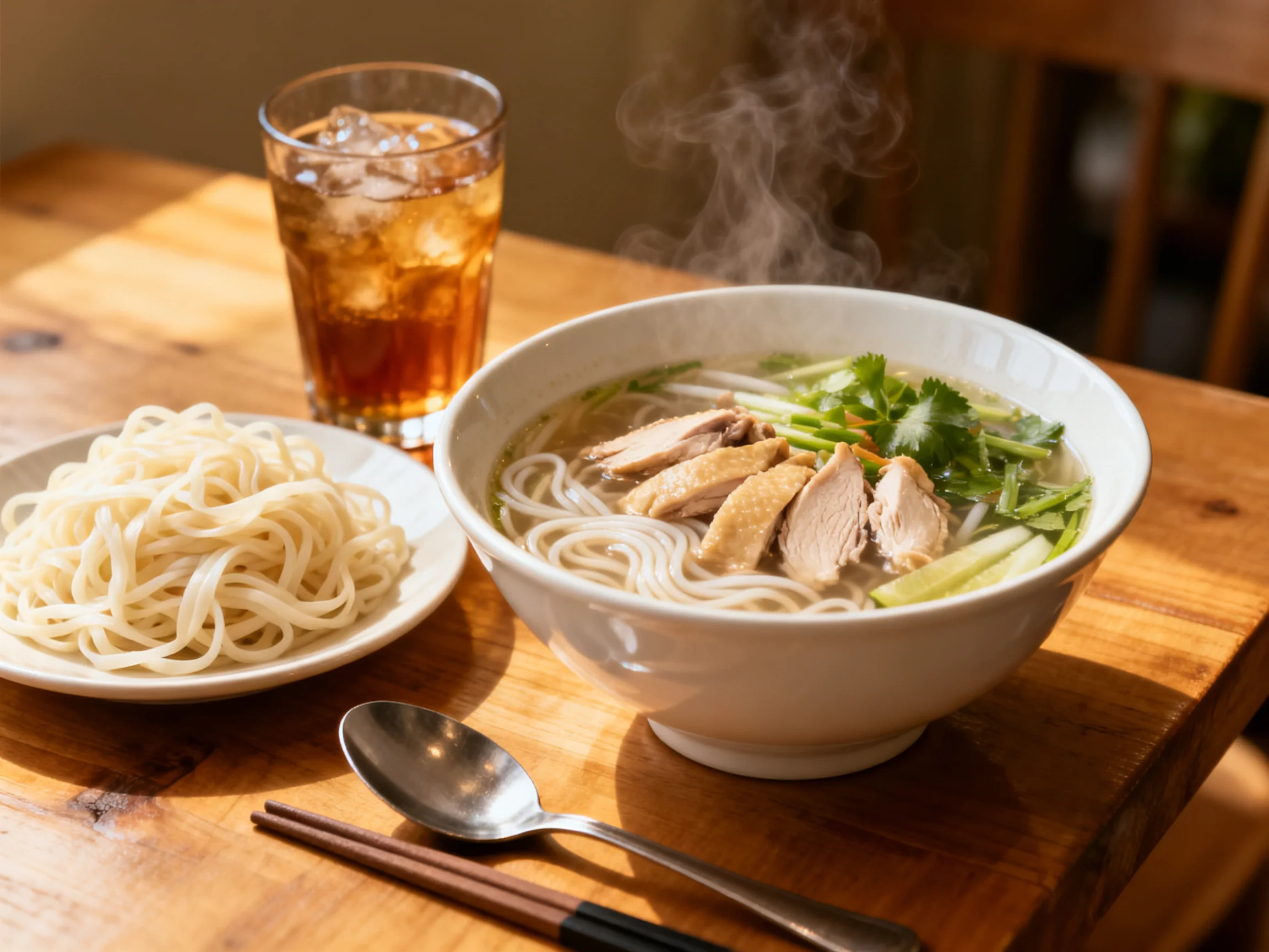 A bowl of steaming chicken noodle soup is served alongside separate noodles and iced tea on a wooden table.