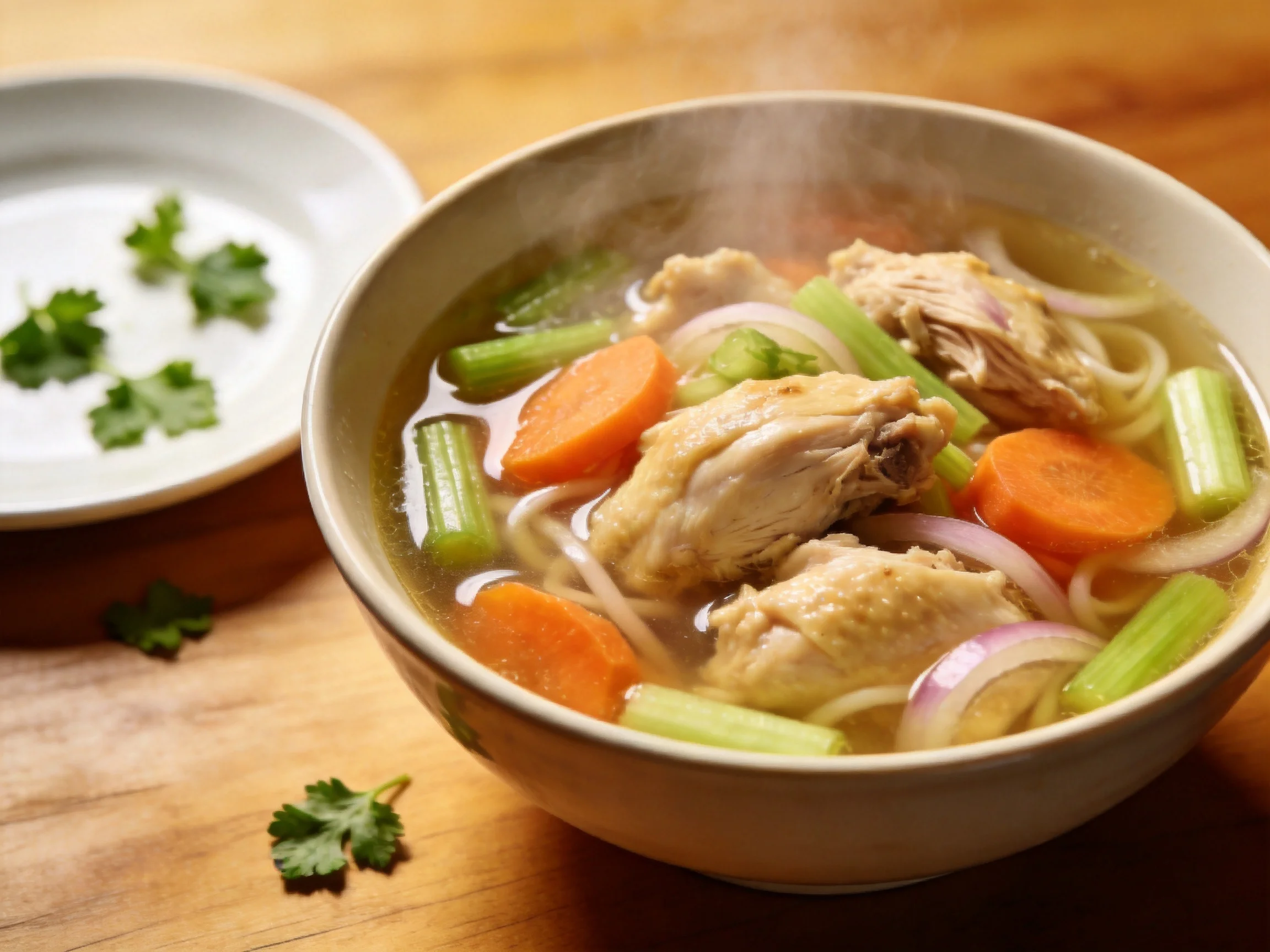Steaming chicken noodle soup with vegetables in a beige bowl