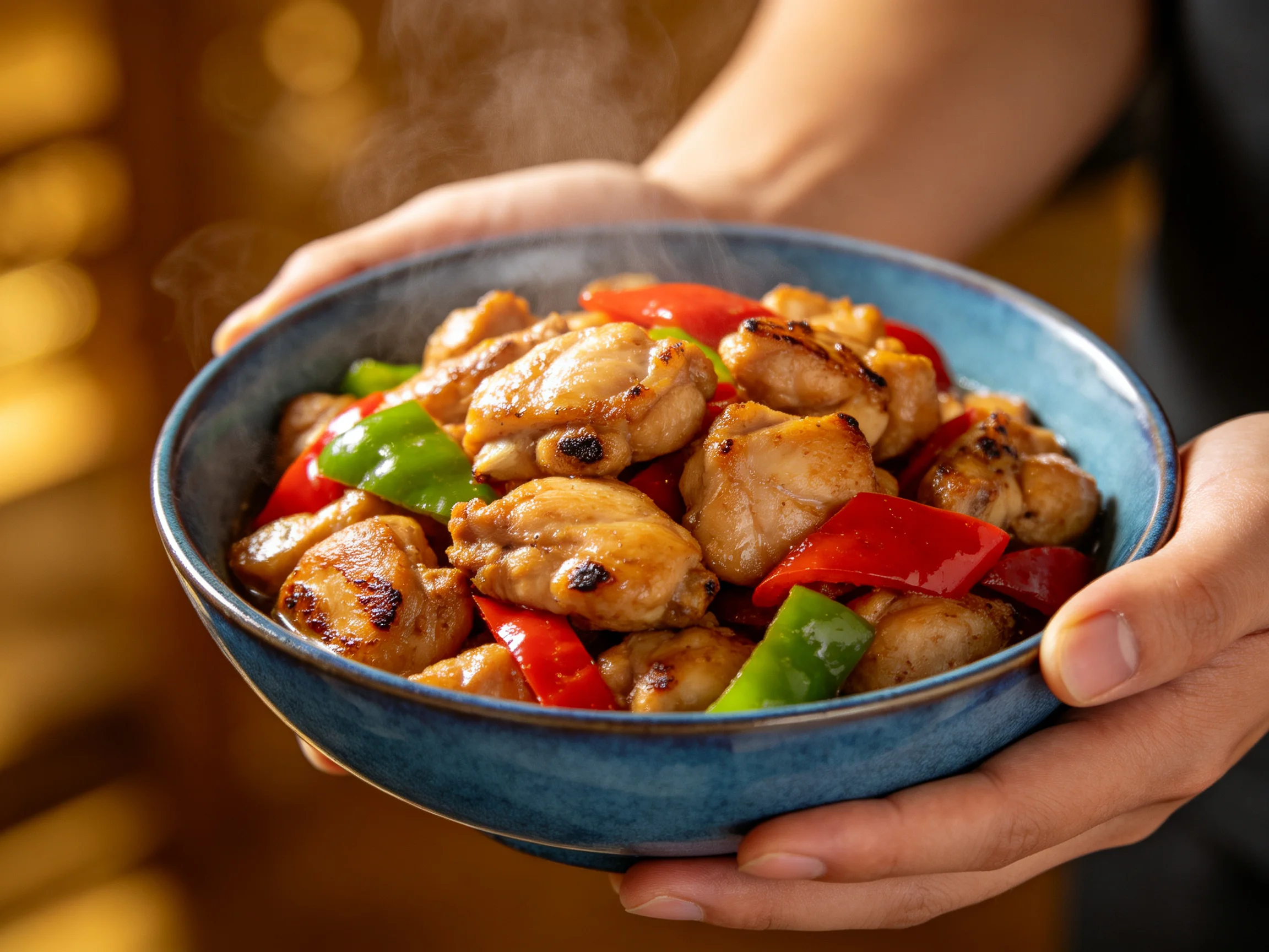Steaming chicken stir - fry with red and green peppers in a blue bowl