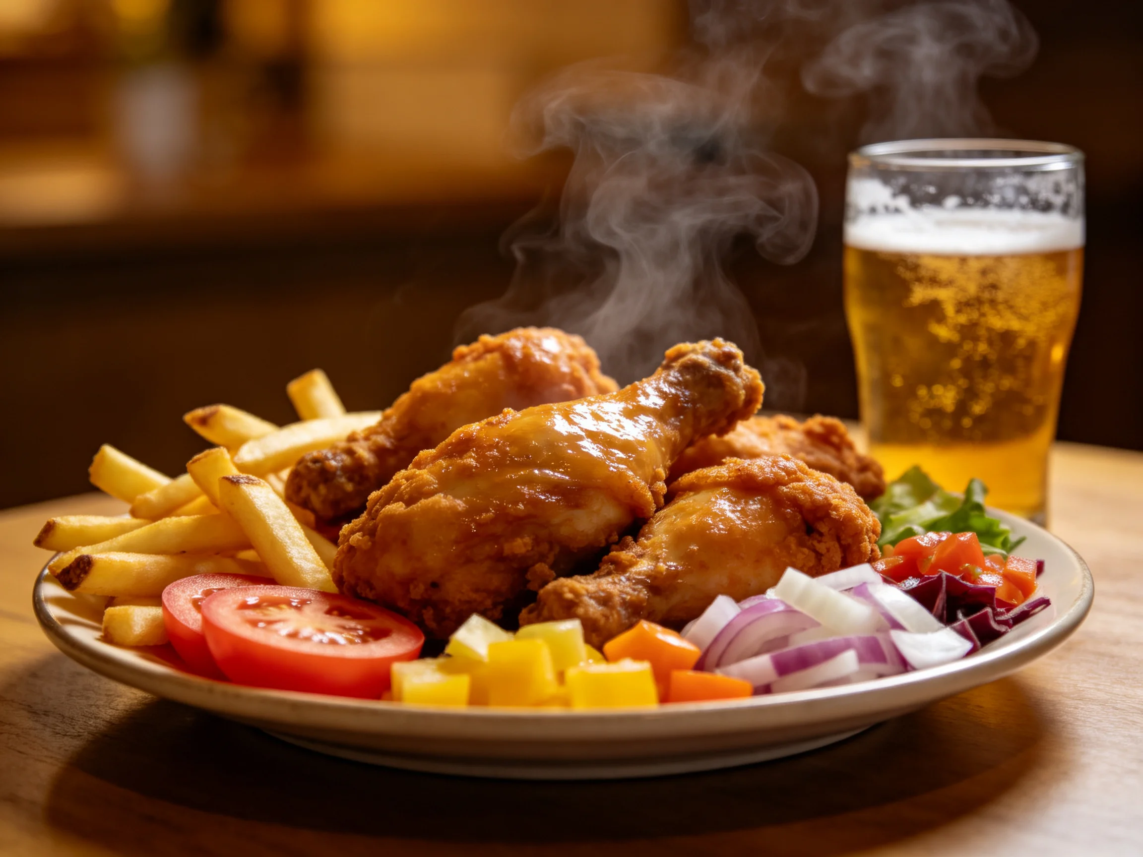 Steaming crispy fried chicken, golden fries, and colorful mixed vegetables with a frothy beer