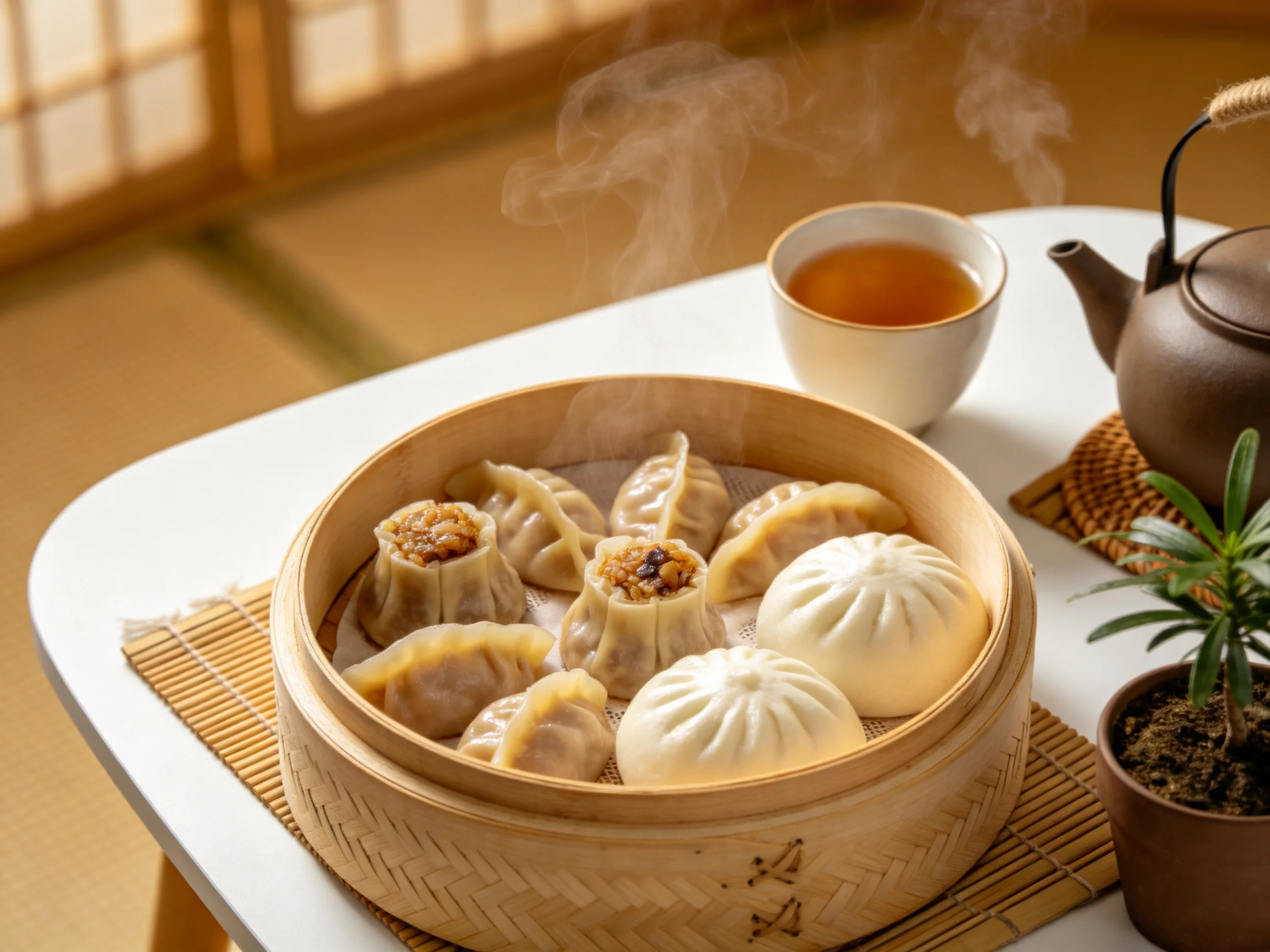 Steaming dumplings and buns served with tea in a traditional setting