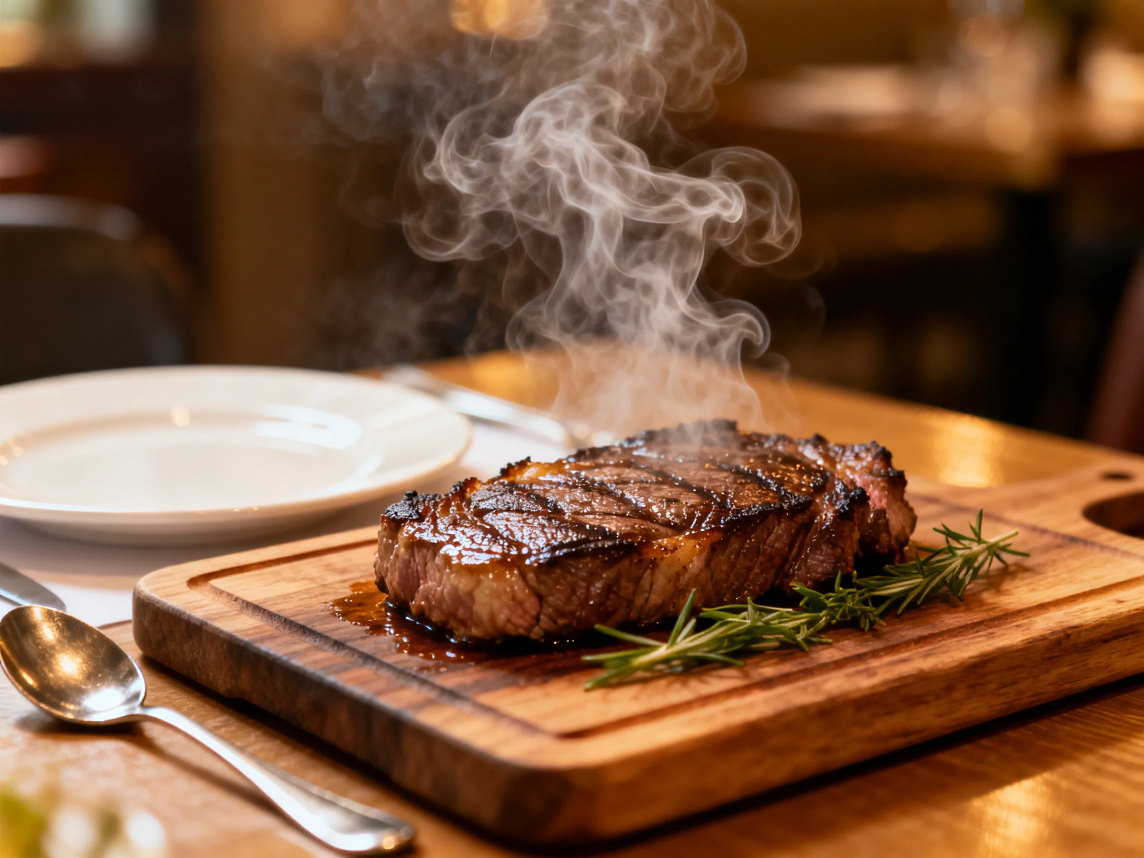 A steaming grilled steak is served on a wooden board with rosemary nearby.