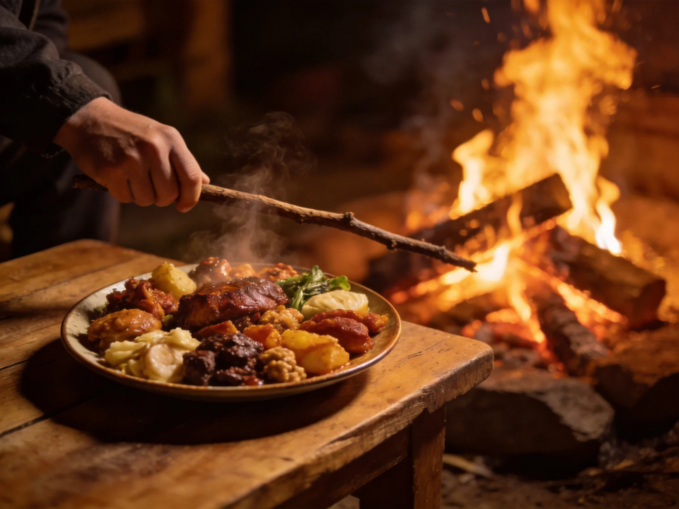 Steaming meal beside blazing campfire on wooden table