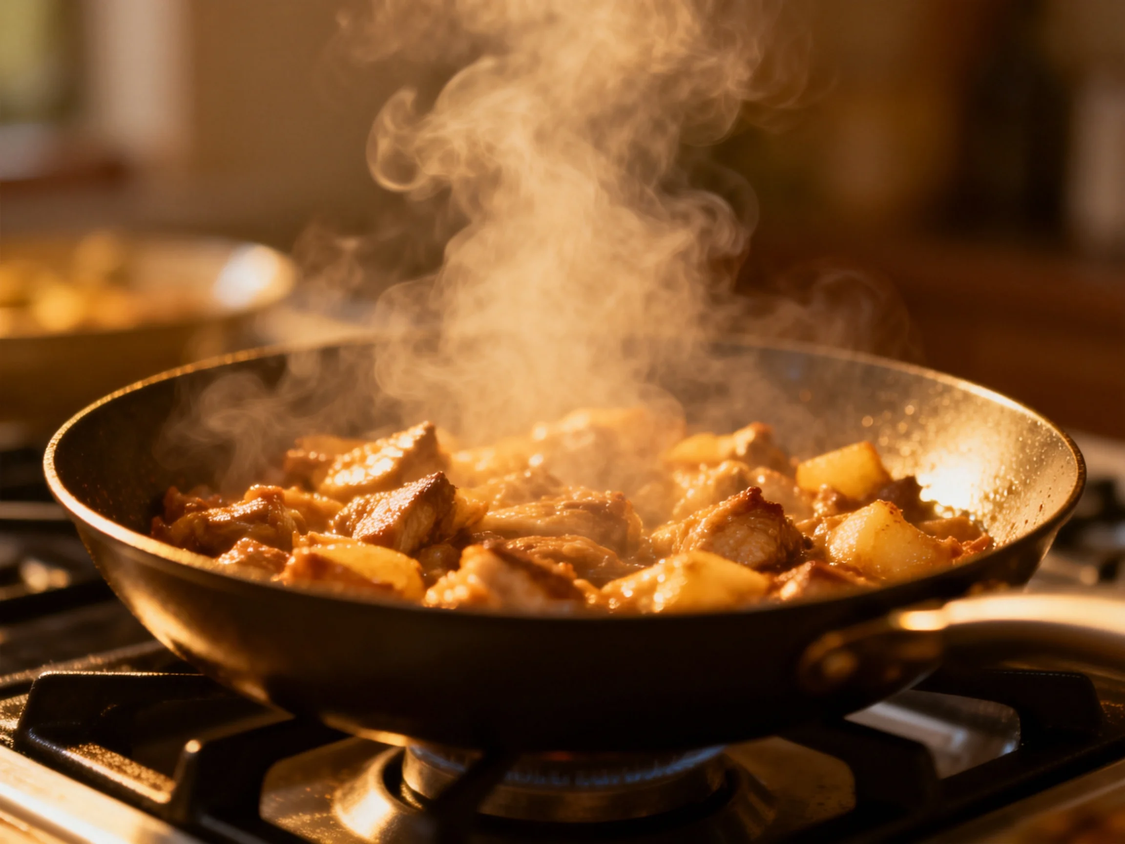 Steaming meat and potatoes sizzling in a black skillet over a stove