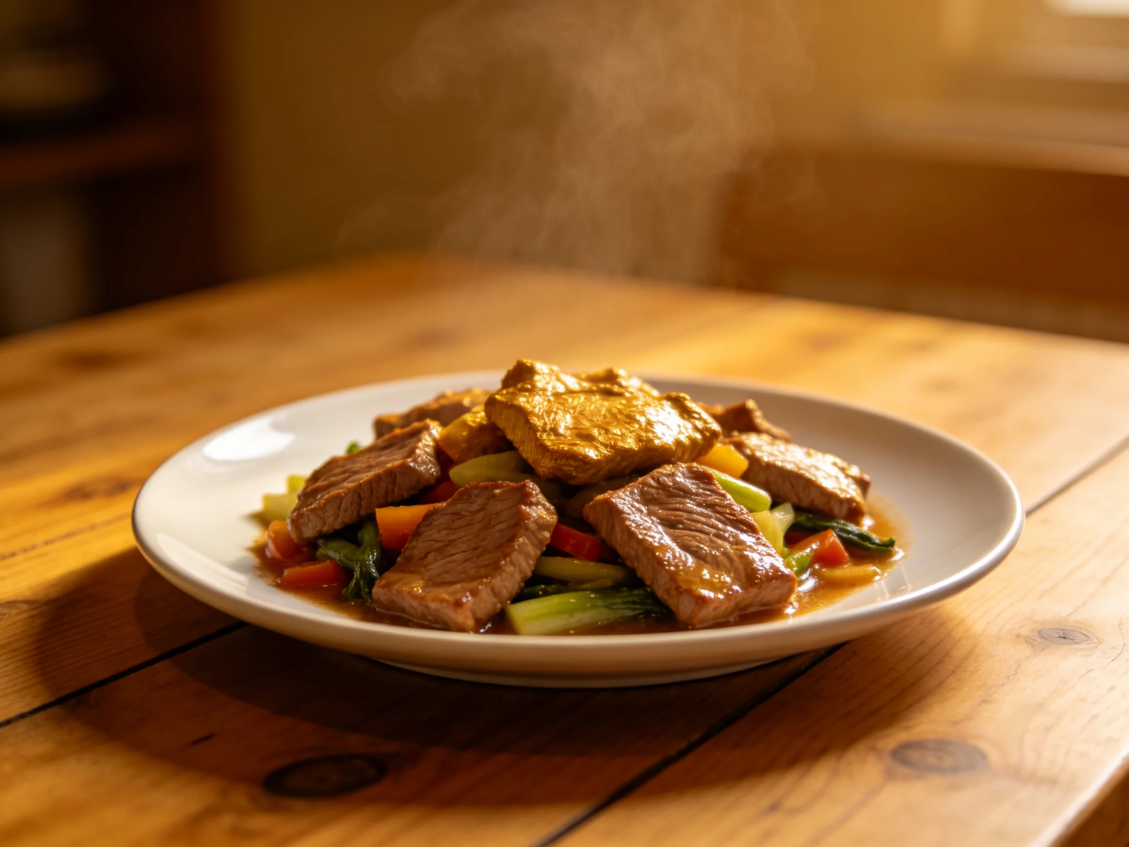 Steaming plate of savory beef and mixed vegetable stir-fry