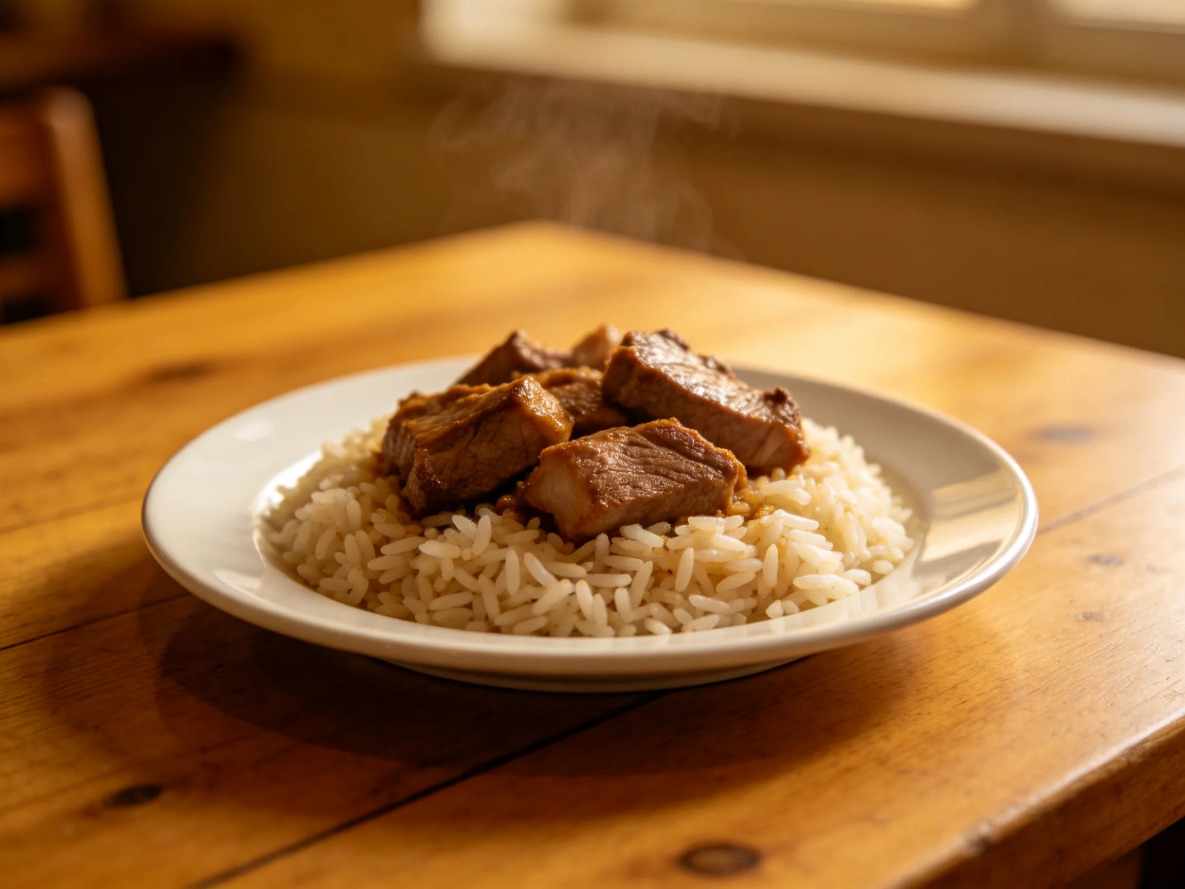 Steaming pork chunks atop fluffy white rice on a wooden table