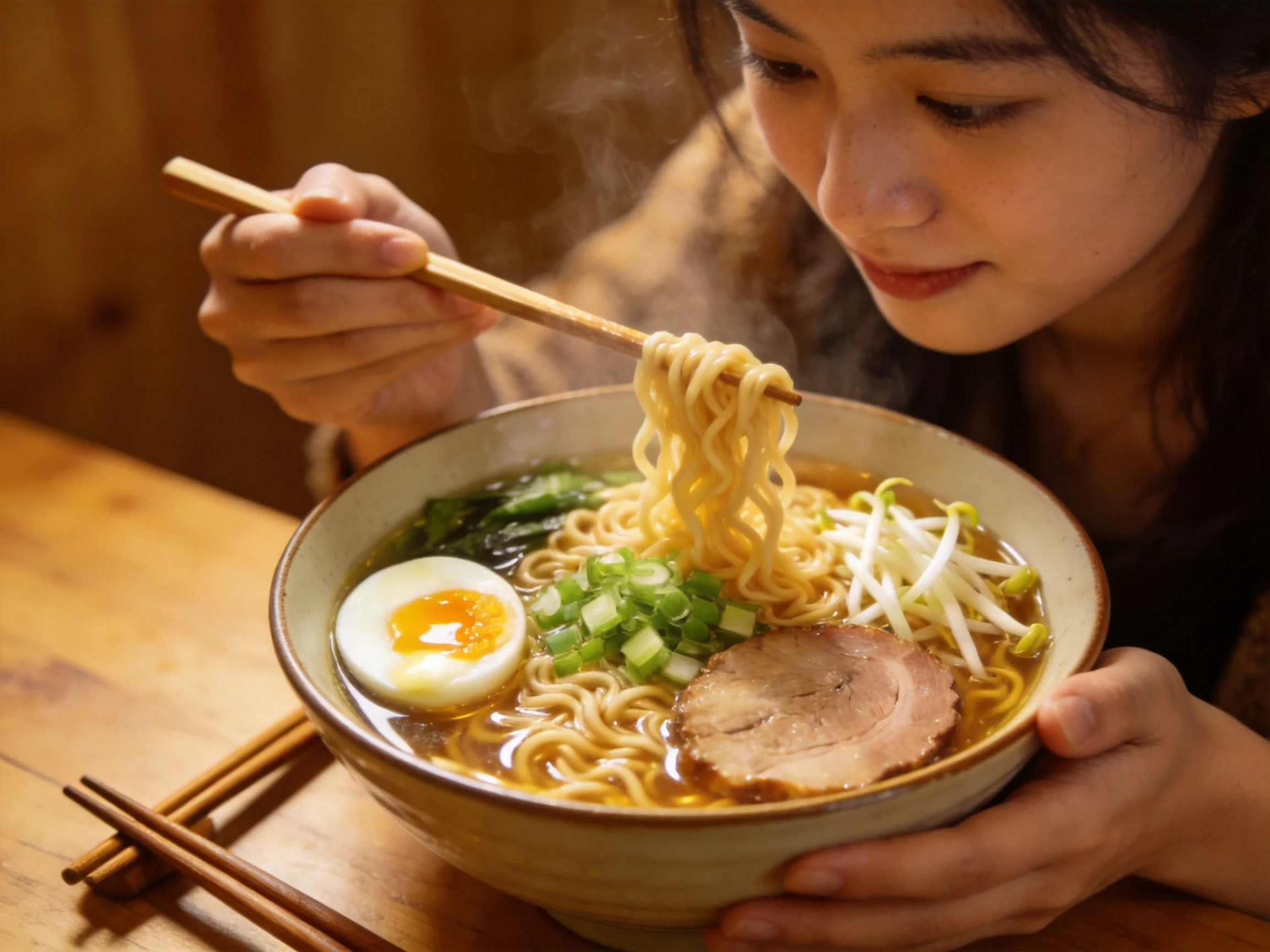 Steaming ramen bowl with noodles, egg, and pork slices