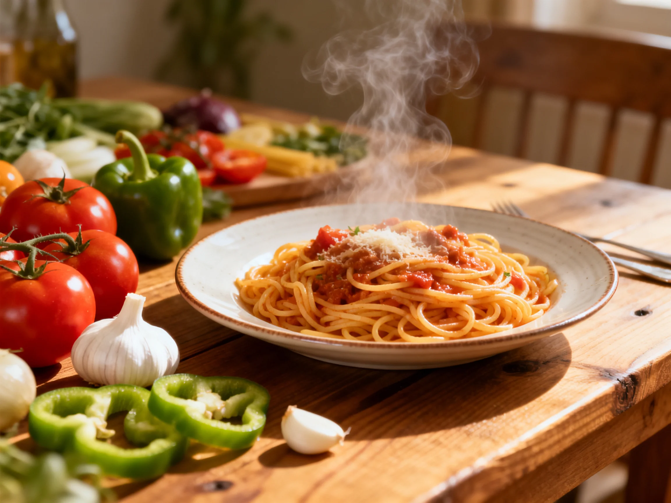 Steaming spaghetti with tomato sauce surrounded by fresh vegetables on a wooden table