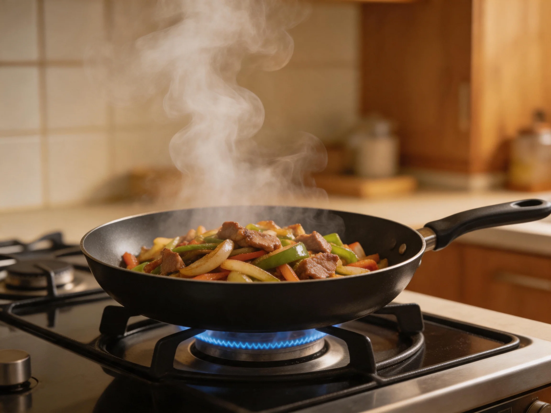 Steaming stir - fry with meat and veggies in a black skillet