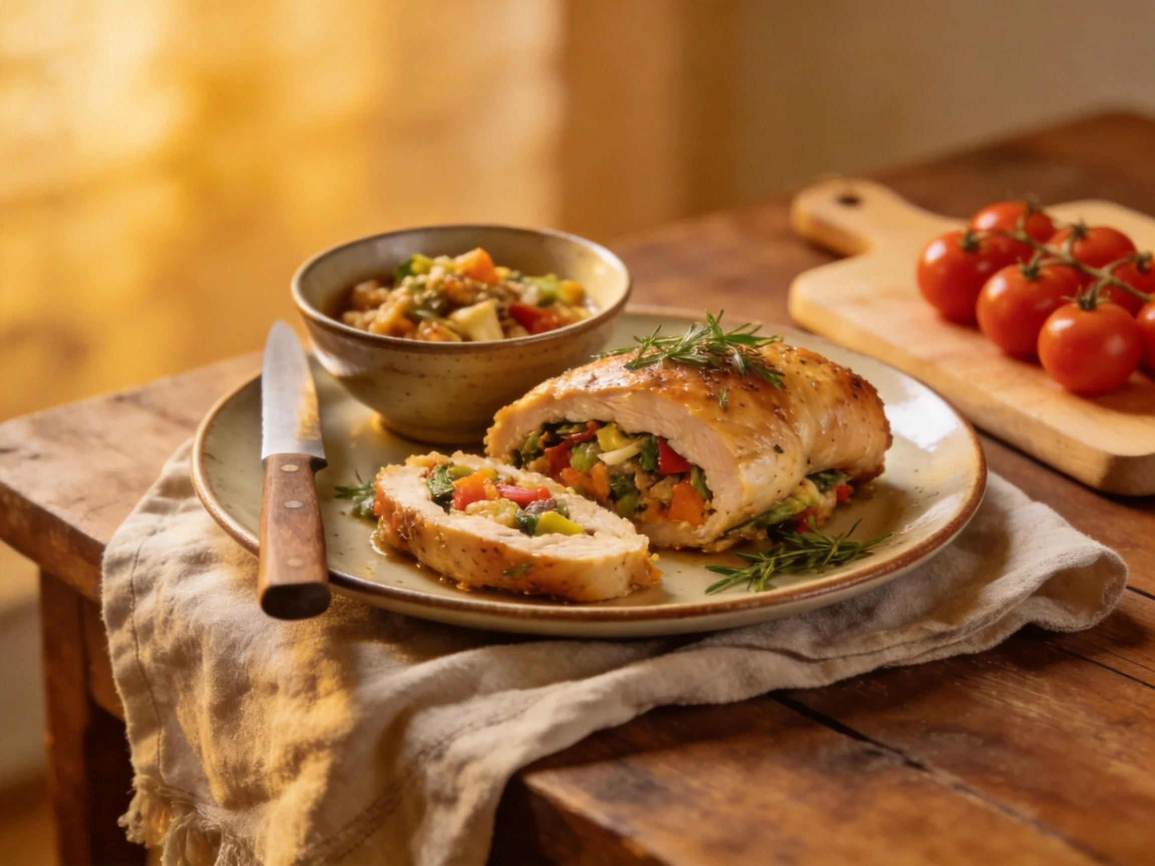 Stuffed chicken breast with vegetable filling, side bowl, and cherry tomatoes on wooden table