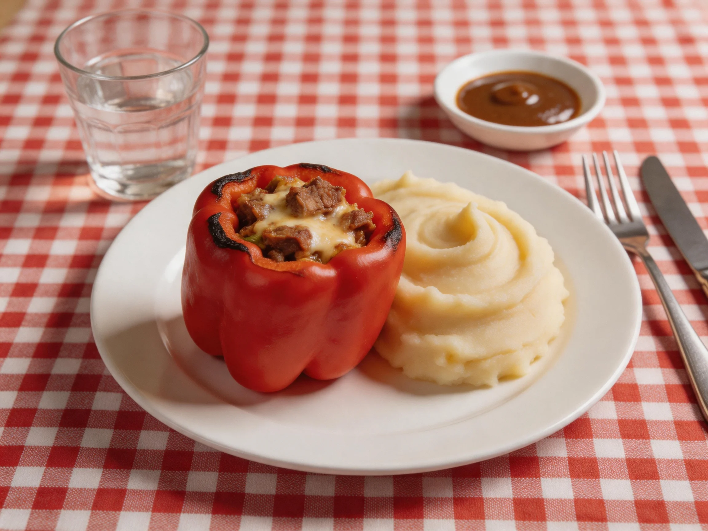Stuffed red bell pepper with mashed potatoes on checkered tablecloth