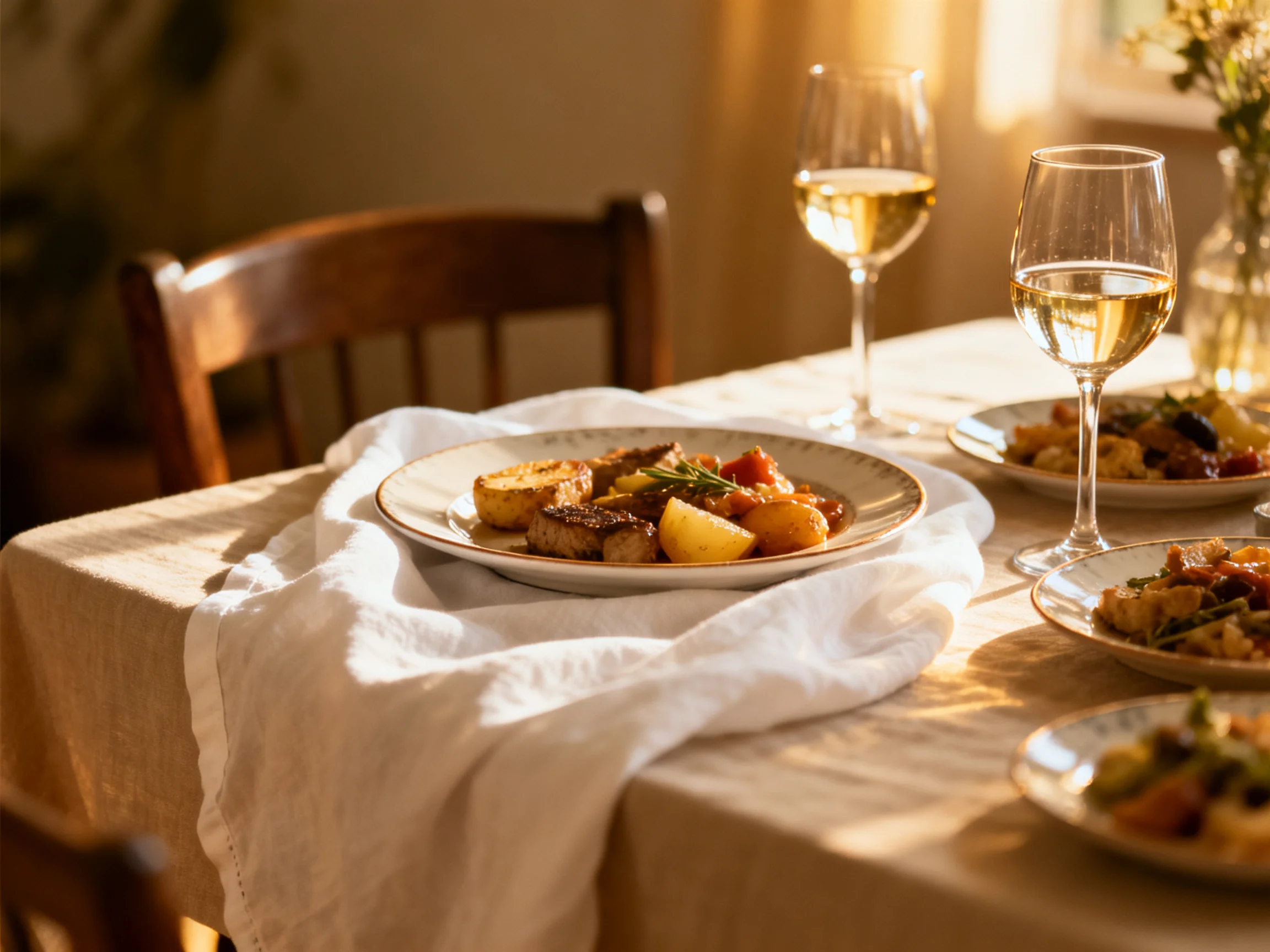 Sunlit dining table with plates of roasted foods and wine glasses