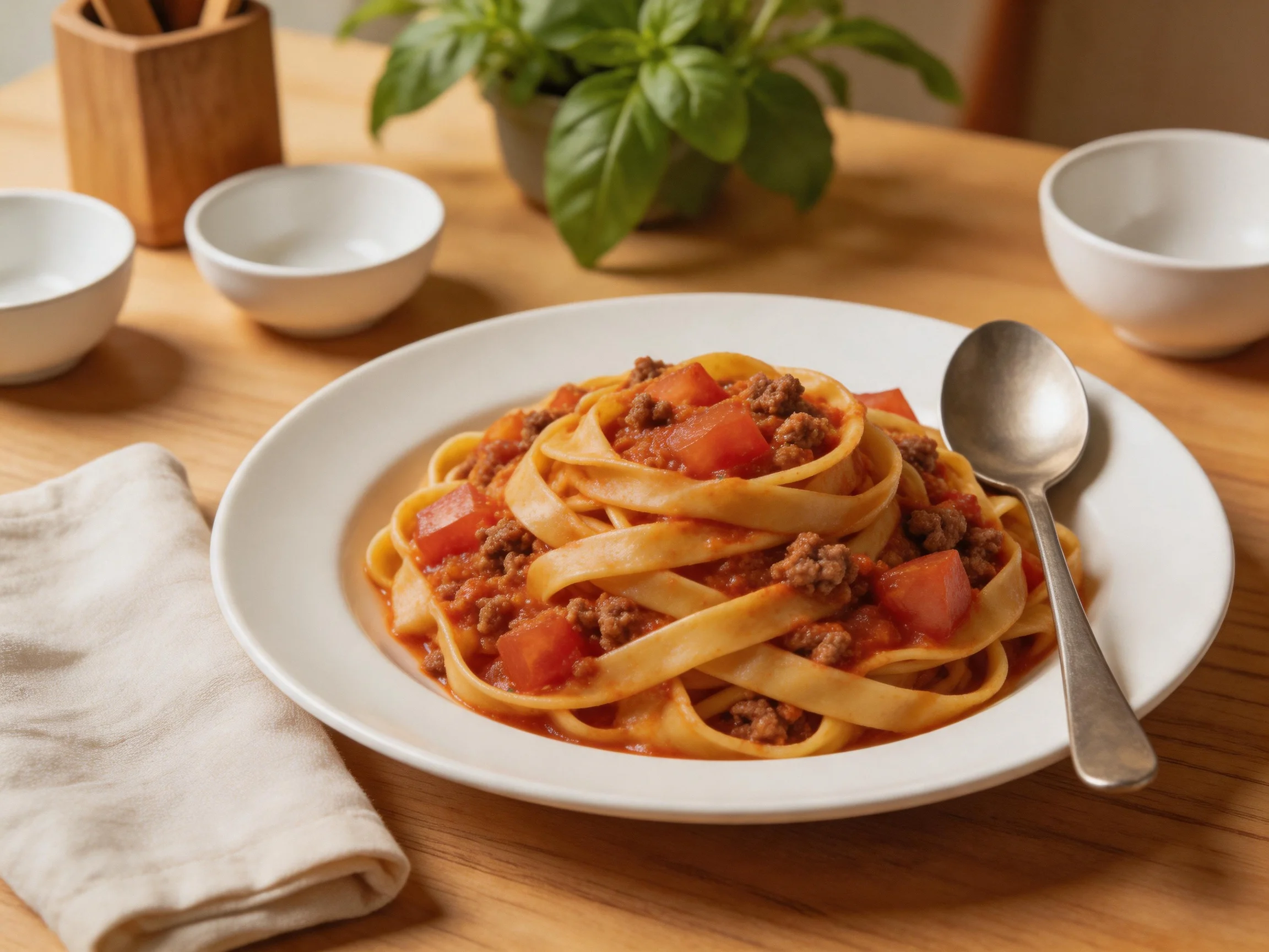 Tagliatelle pasta with beef and tomato sauce on a white plate