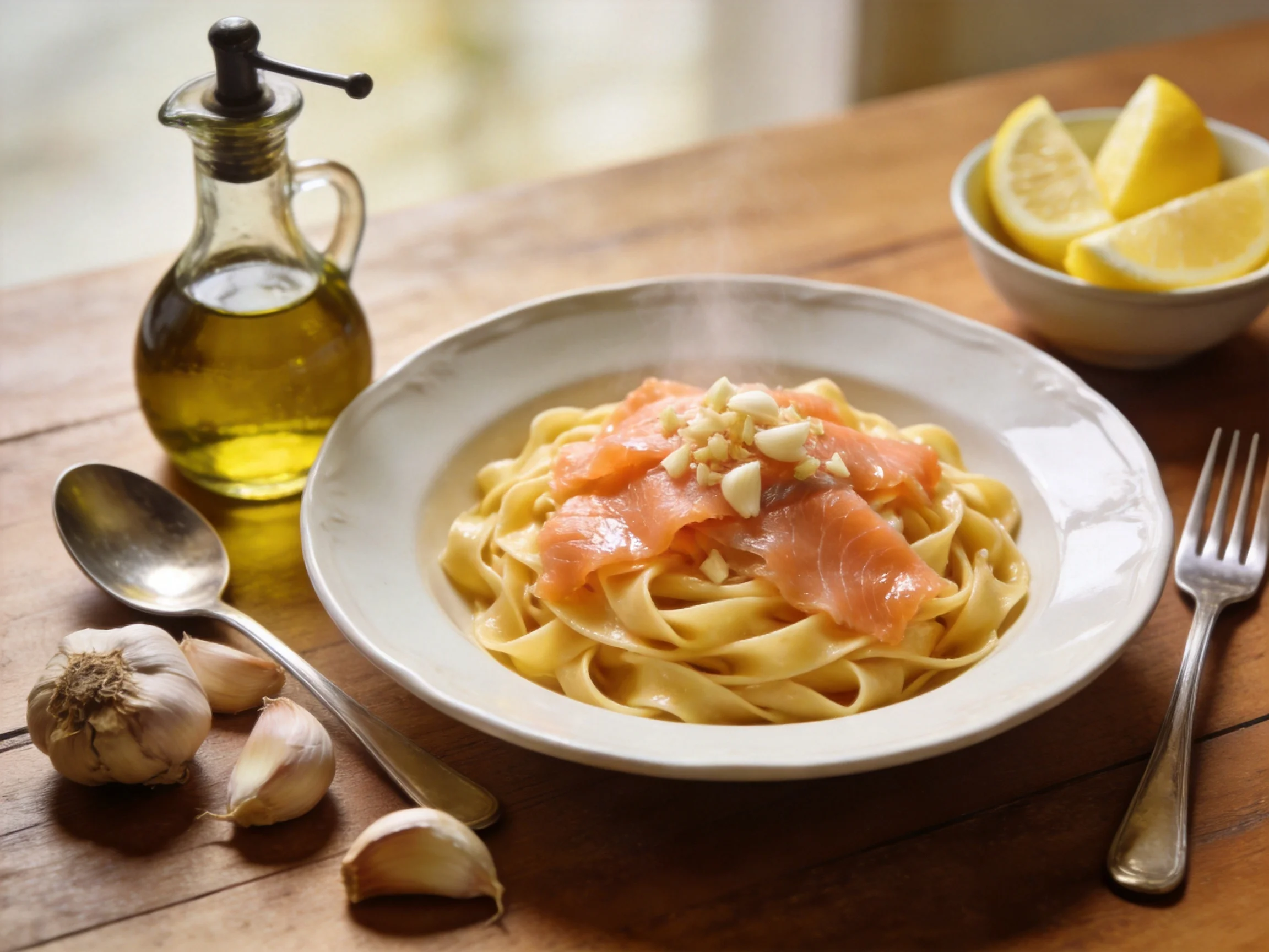 Tagliatelle with smoked salmon, garlic, and lemon wedges
