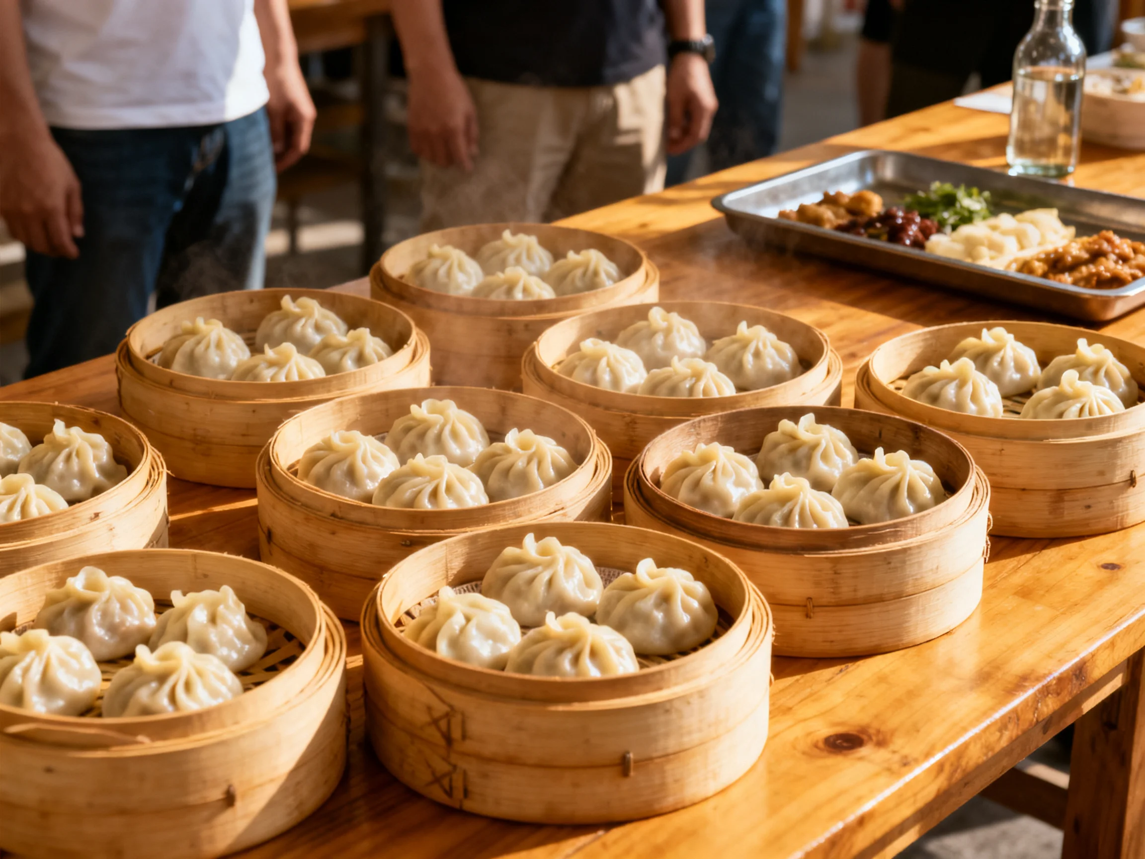 Ten bamboo steamers filled with white dumplings on a polished wooden table