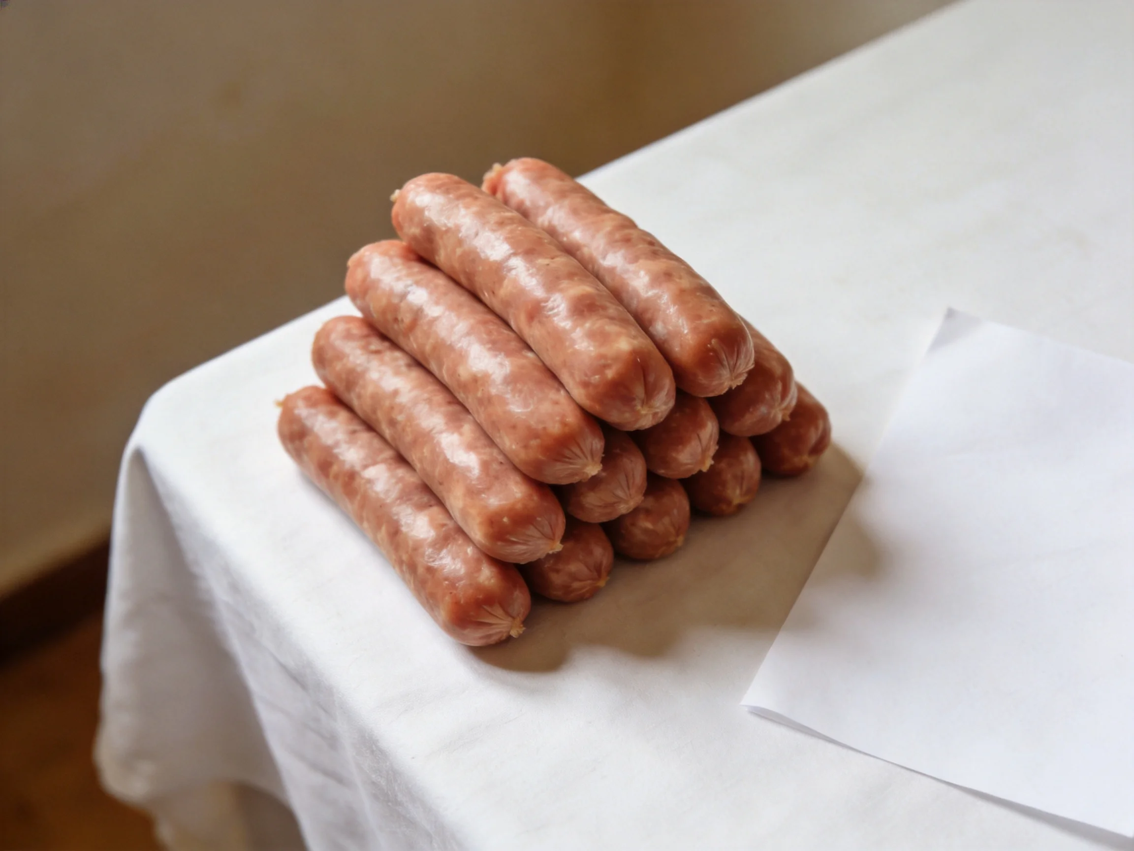 Ten brown sausages stacked on a white tablecloth
